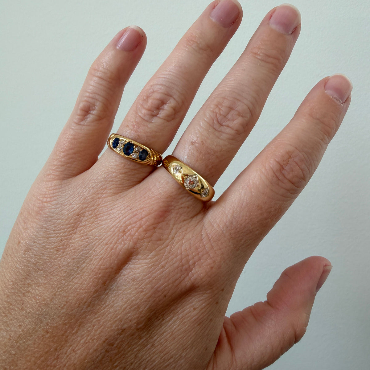 Victorian Sapphire Three-Stone & Diamond 18K Yellow Gold Ring, Victorian Diamond 3-Stone 18K Gold Gypsy Ring