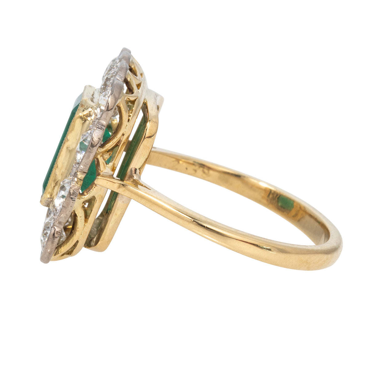 Edwardian Style Emerald & Diamond Cluster 14K Gold Ring
