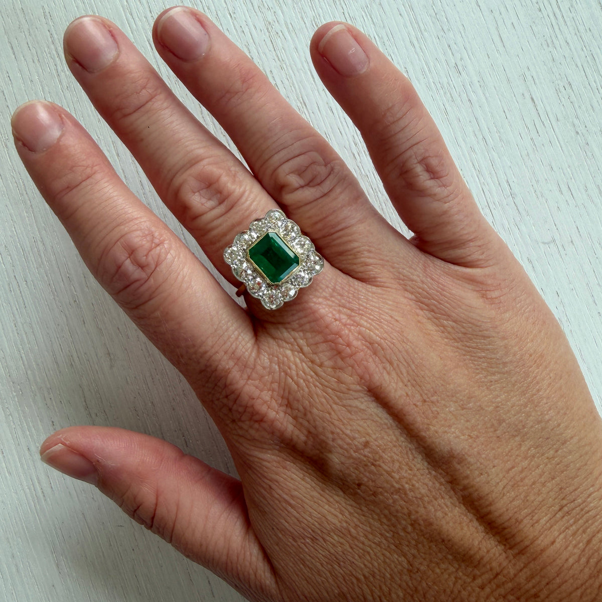 Edwardian Style Emerald & Diamond Cluster 14K Gold Ring