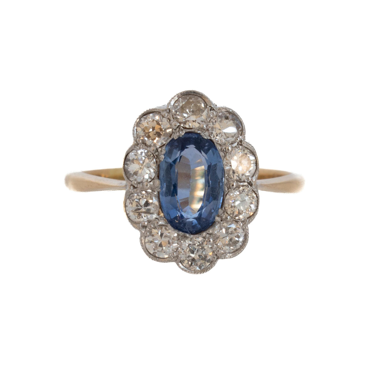 Edwardian .75ct Oval Sapphire & Diamond Cluster Two-Tone Ring
