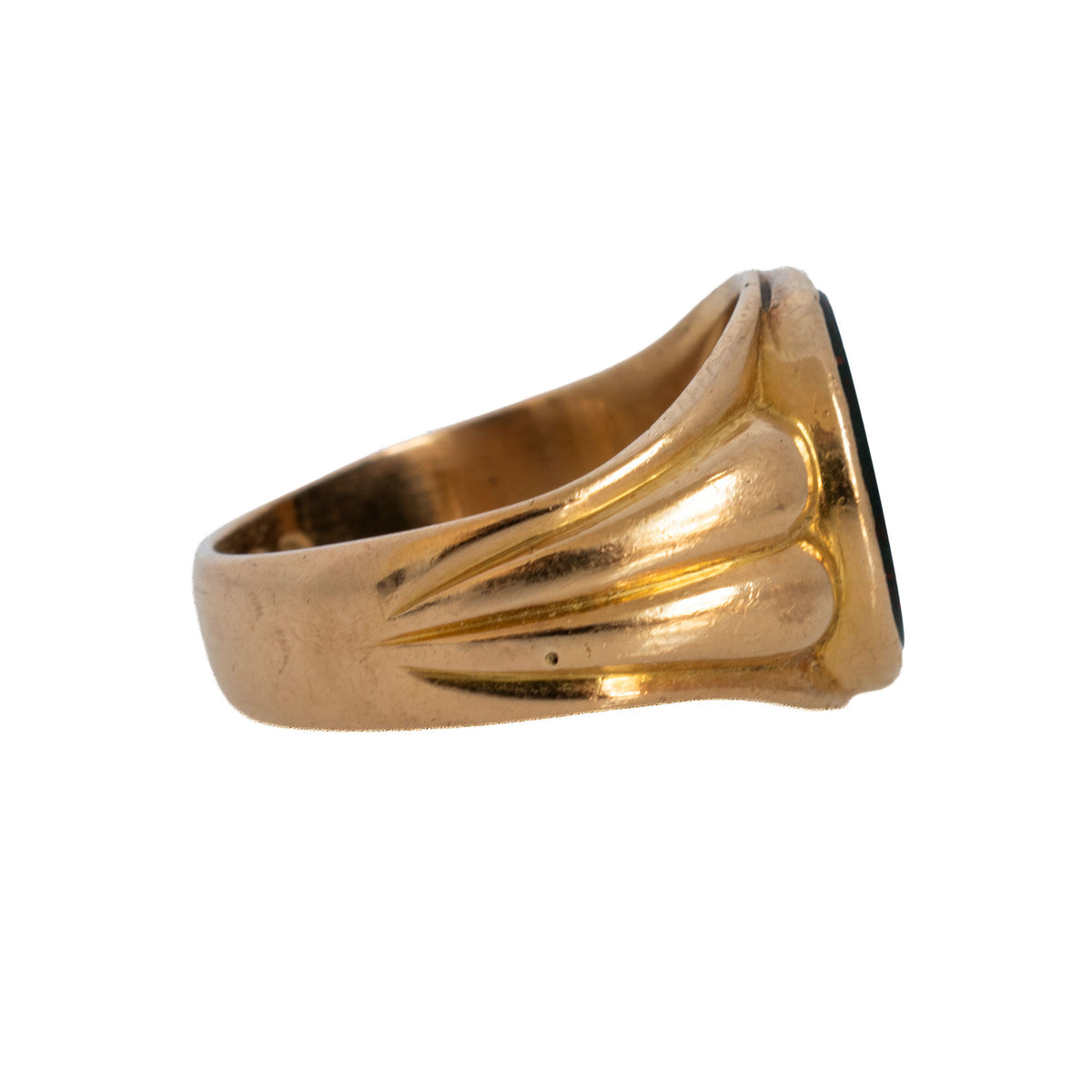 Victorian bloodstone signet ring showing the fluted yellow gold shoulders and tapered band.