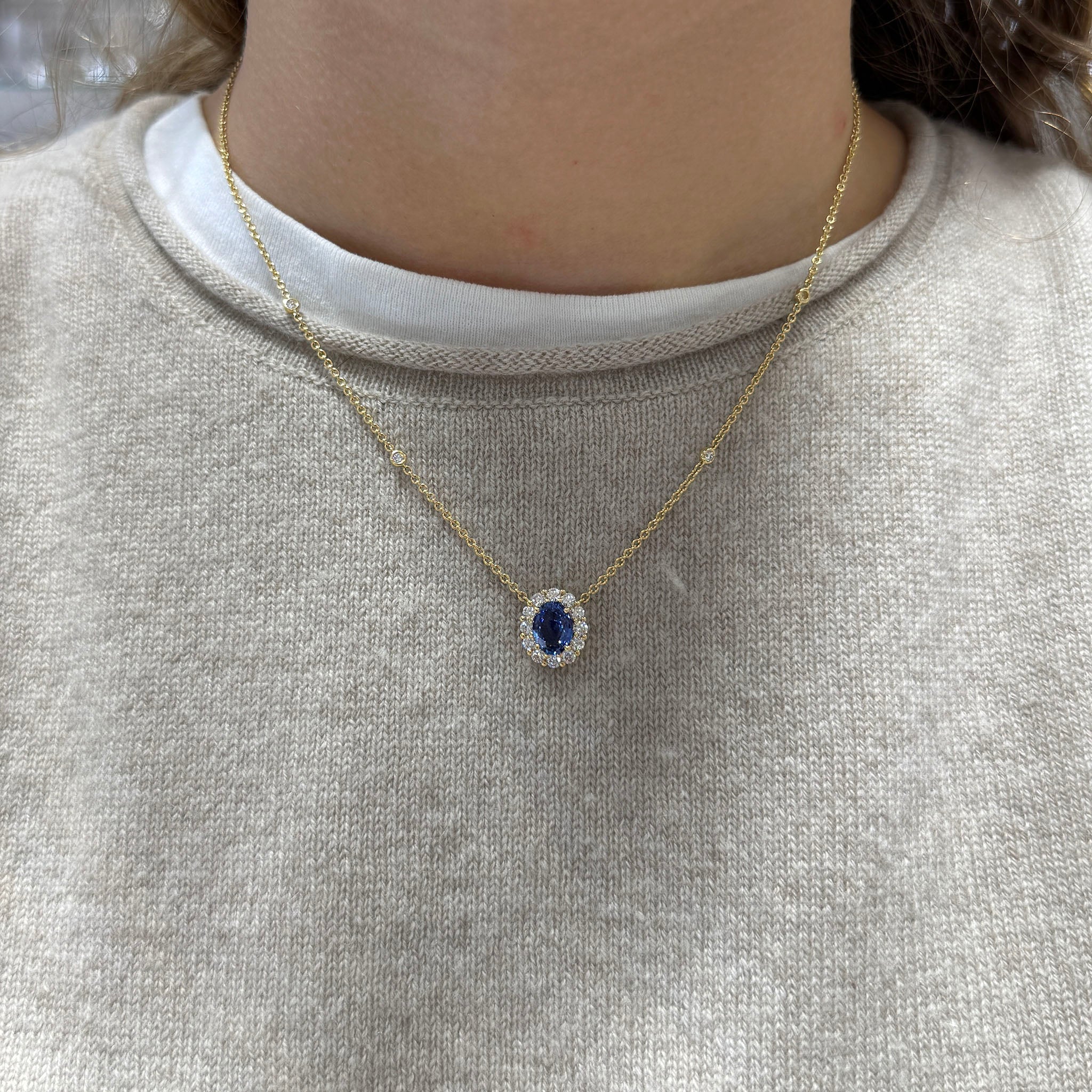 Oval Sapphire & Diamond Cluster 18K Yellow Gold Necklace