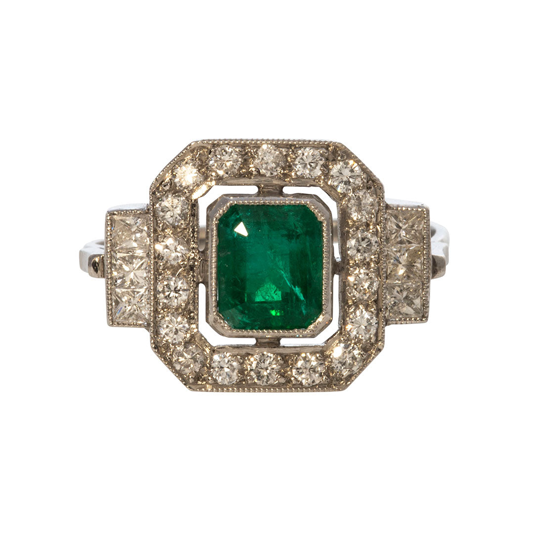 Art Deco 1ct Emerald & Diamond Platinum Ring