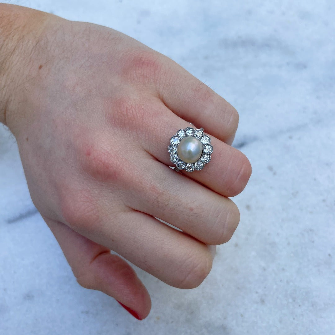 Edwardian Pearl & Diamond Cluster Platinum Ring