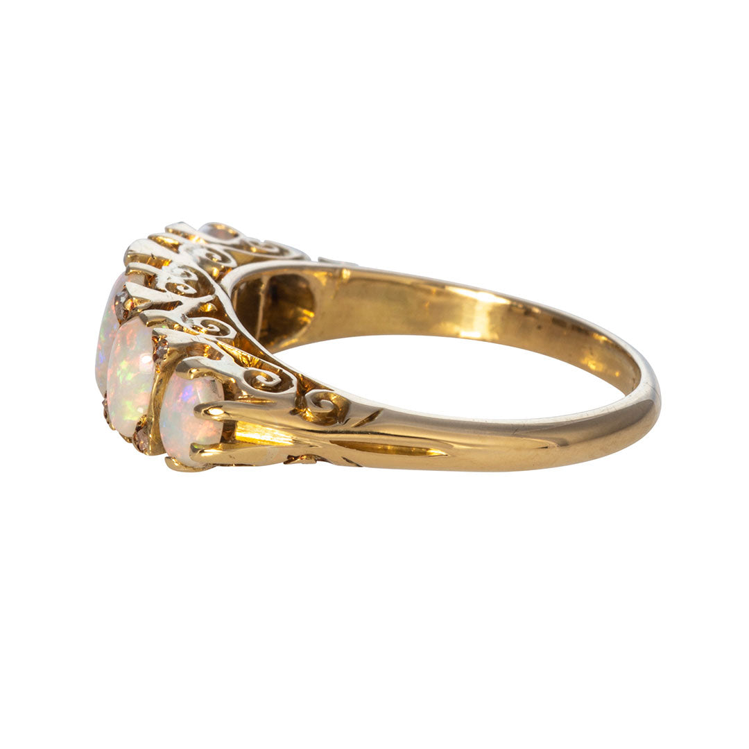 Victorian Five Stone Opal & Diamond 18K Yellow Gold Ring