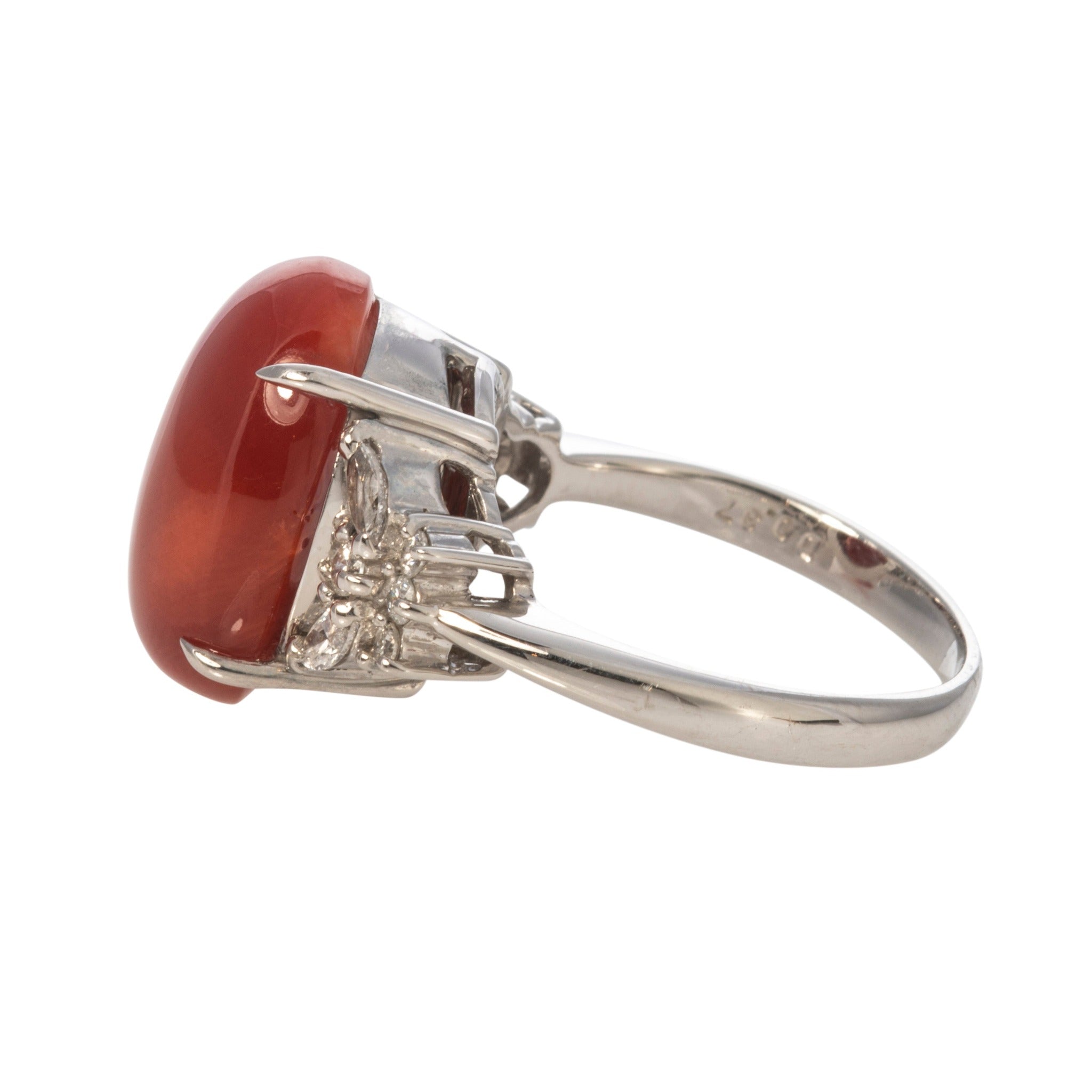 Estate 5.25ct Red Coral & Diamond Platinum Ring