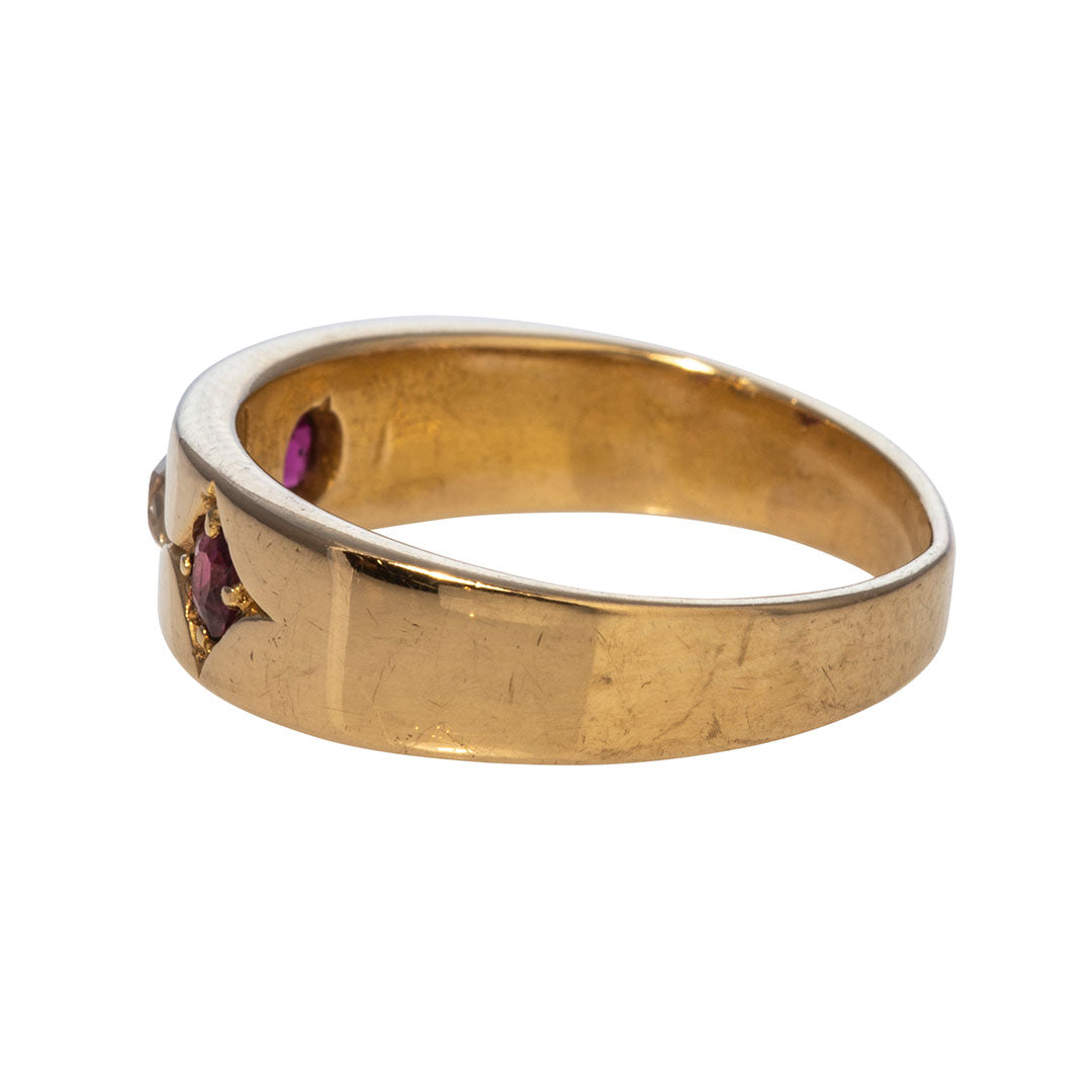 Victorian Ruby & Diamond Three Stone 18K Gold Gypsy Ring