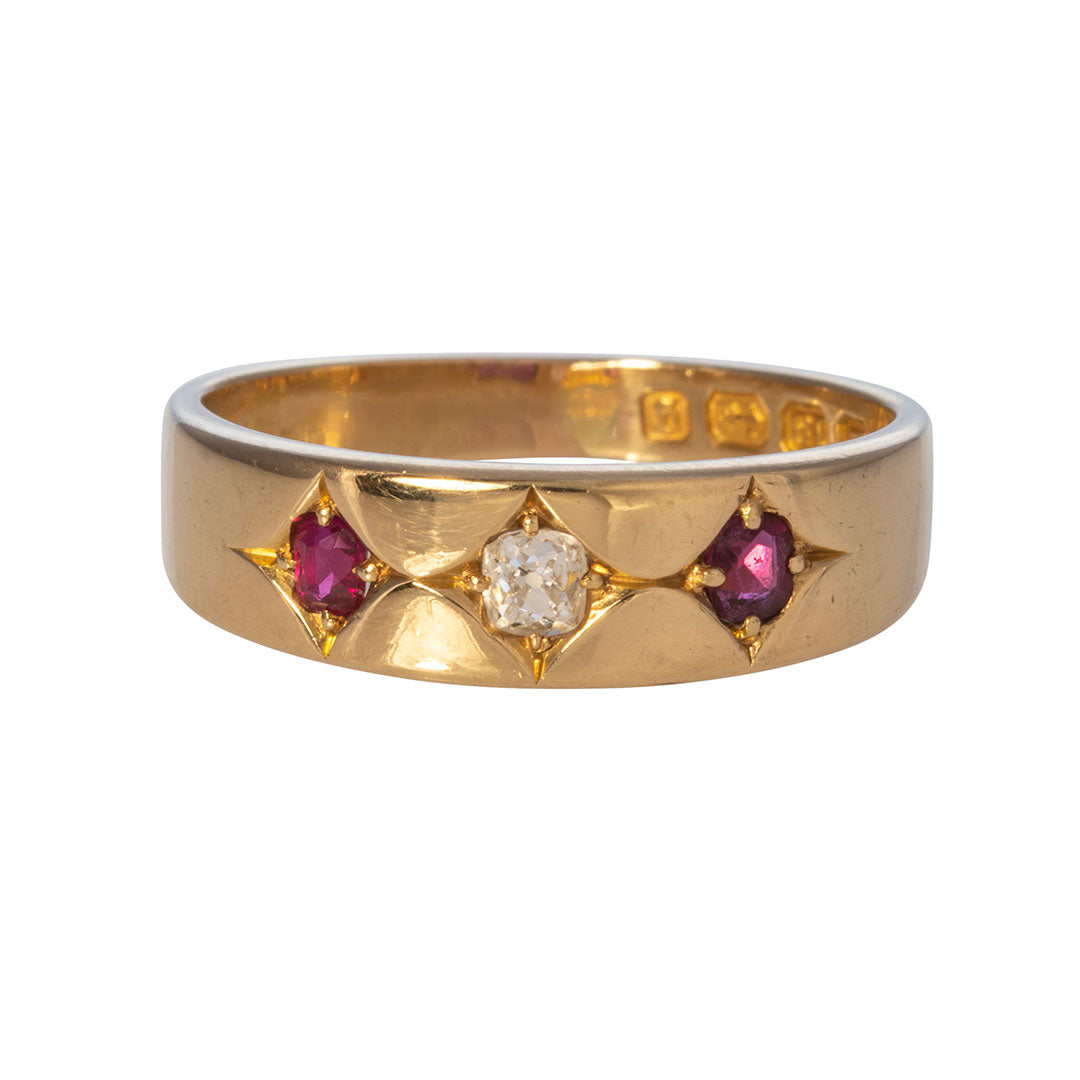 Victorian Ruby & Diamond Three Stone 18K Gold Gypsy Ring