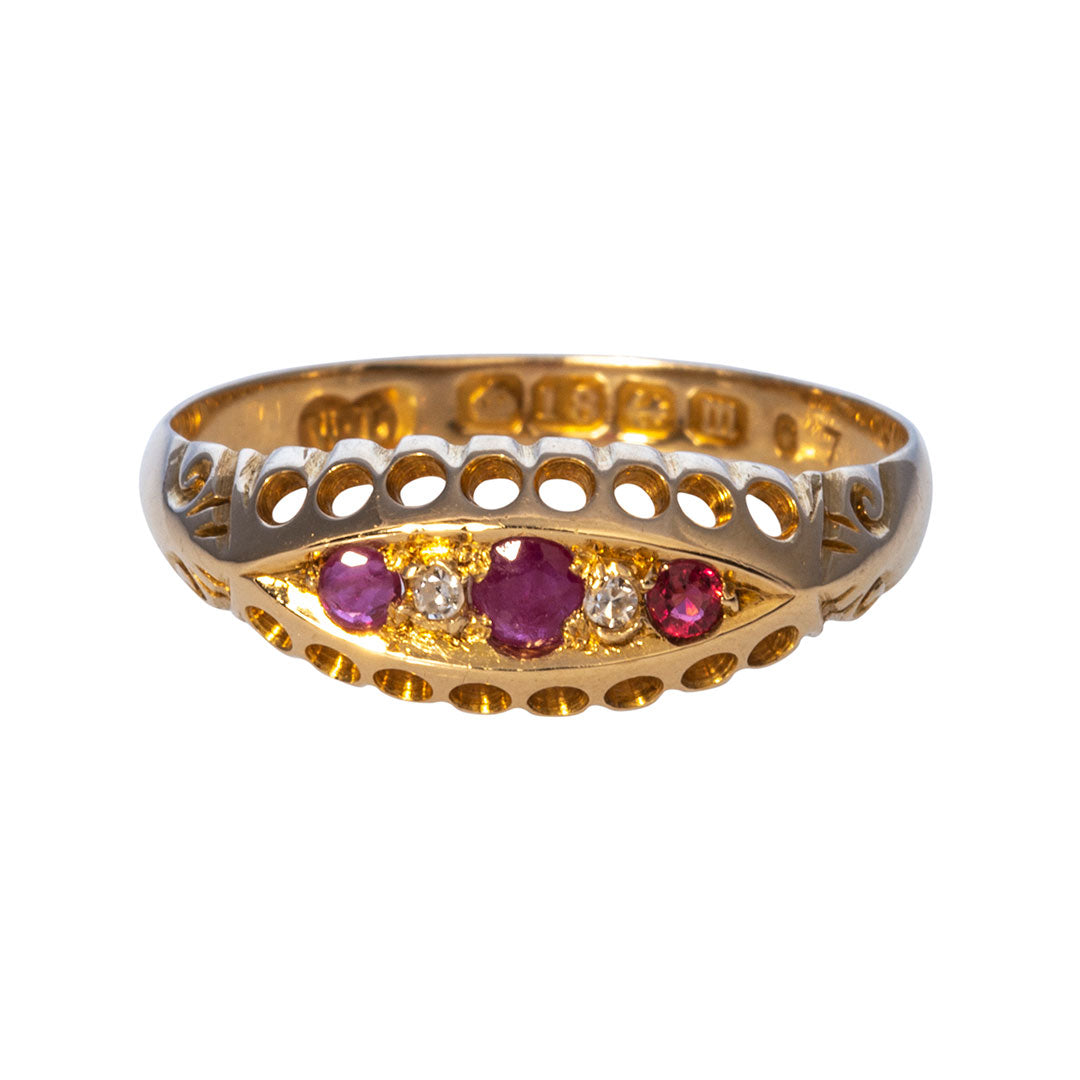 Edwardian Five Stone Ruby & Diamond 18K Gold Ring
