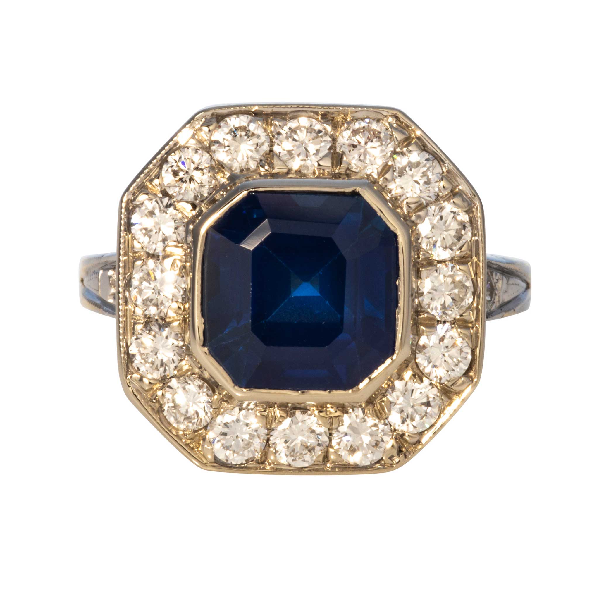 Art Deco 3.69ct Sapphire & Diamond 18K Gold Two-Tone Ring