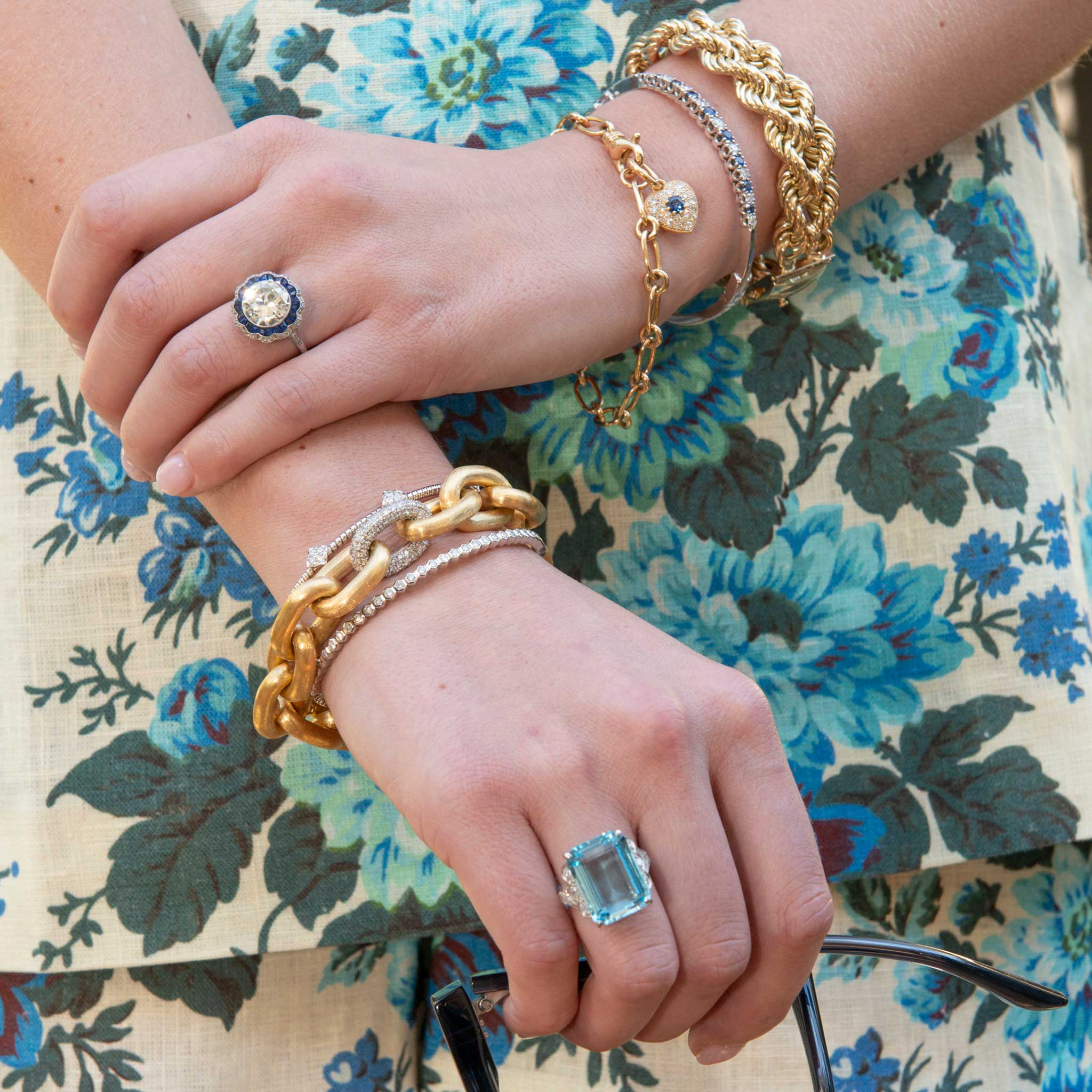 Vintage 11ct Emerald-Cut Aquamarine & Diamond Platinum Ring, Art Deco 3.63ct Round Diamond & Sapphire Halo Platinum Ring, .80ctw Diamond Hexagon Bezel 14K White Gold Flexible Bangle, Single Stone Lo Bracelet