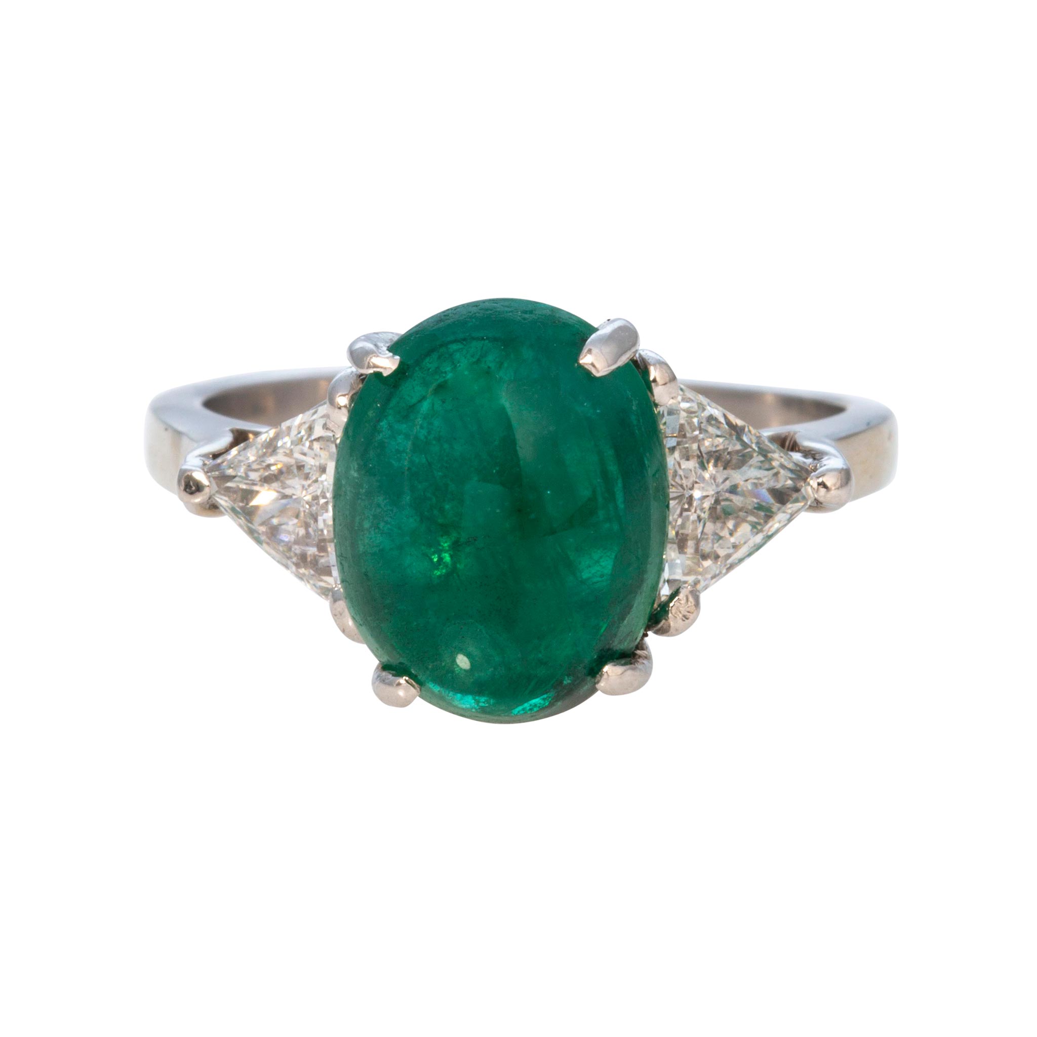 Vintage Emerald Cabochon & Trillion Diamond 3-Stone Platinum Ring