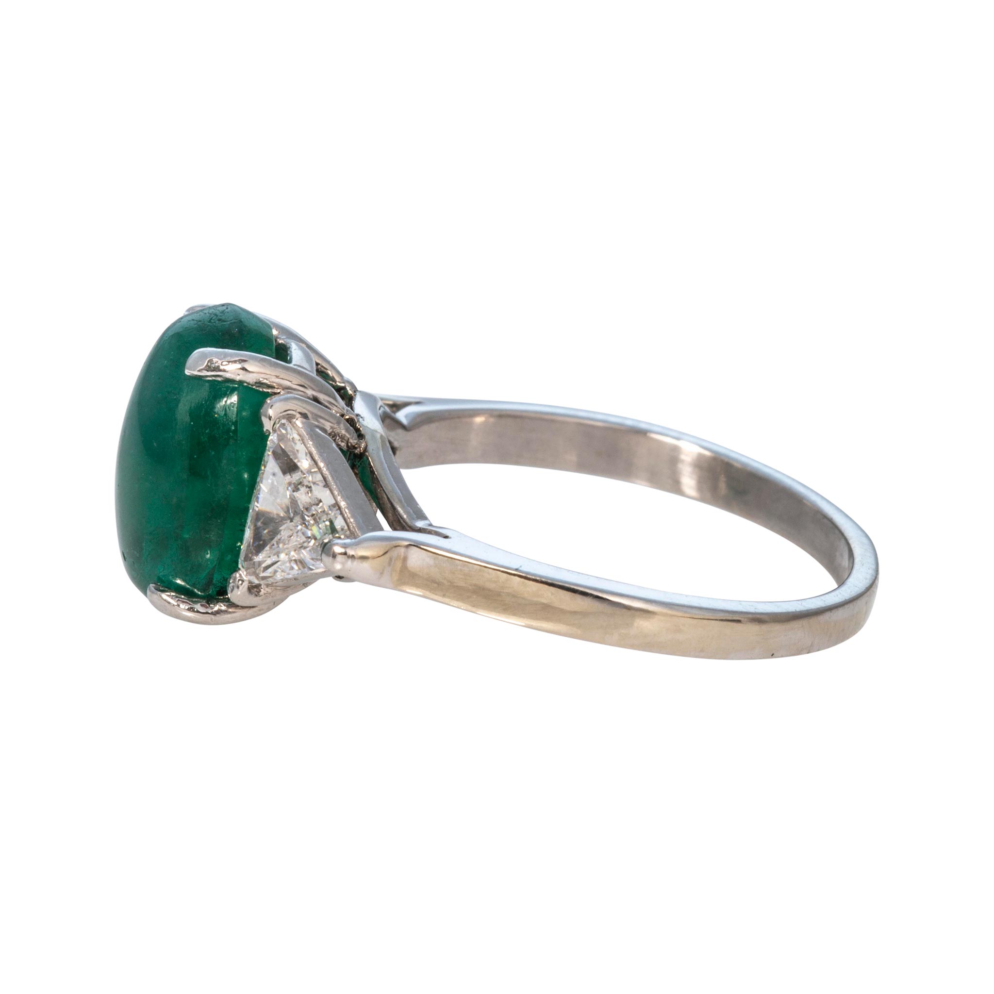 Vintage Emerald Cabochon & Trillion Diamond 3-Stone Platinum Ring