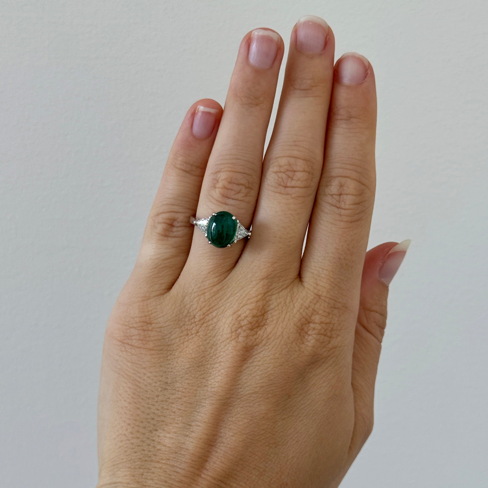 Vintage Emerald Cabochon & Trillion Diamond 3-Stone Platinum Ring