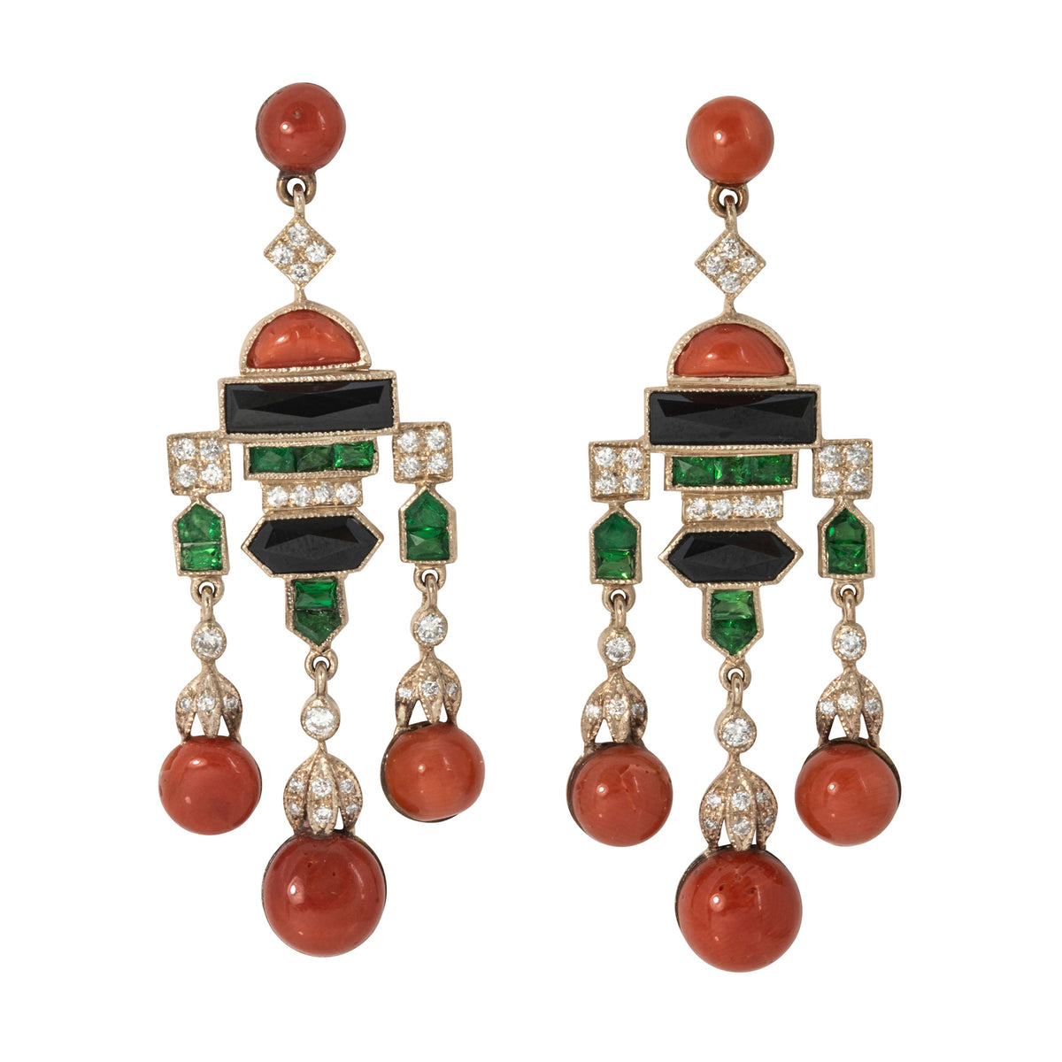 Art Deco Style Coral, Diamond, Onyx & Tsavorite 18K Gold Earrings