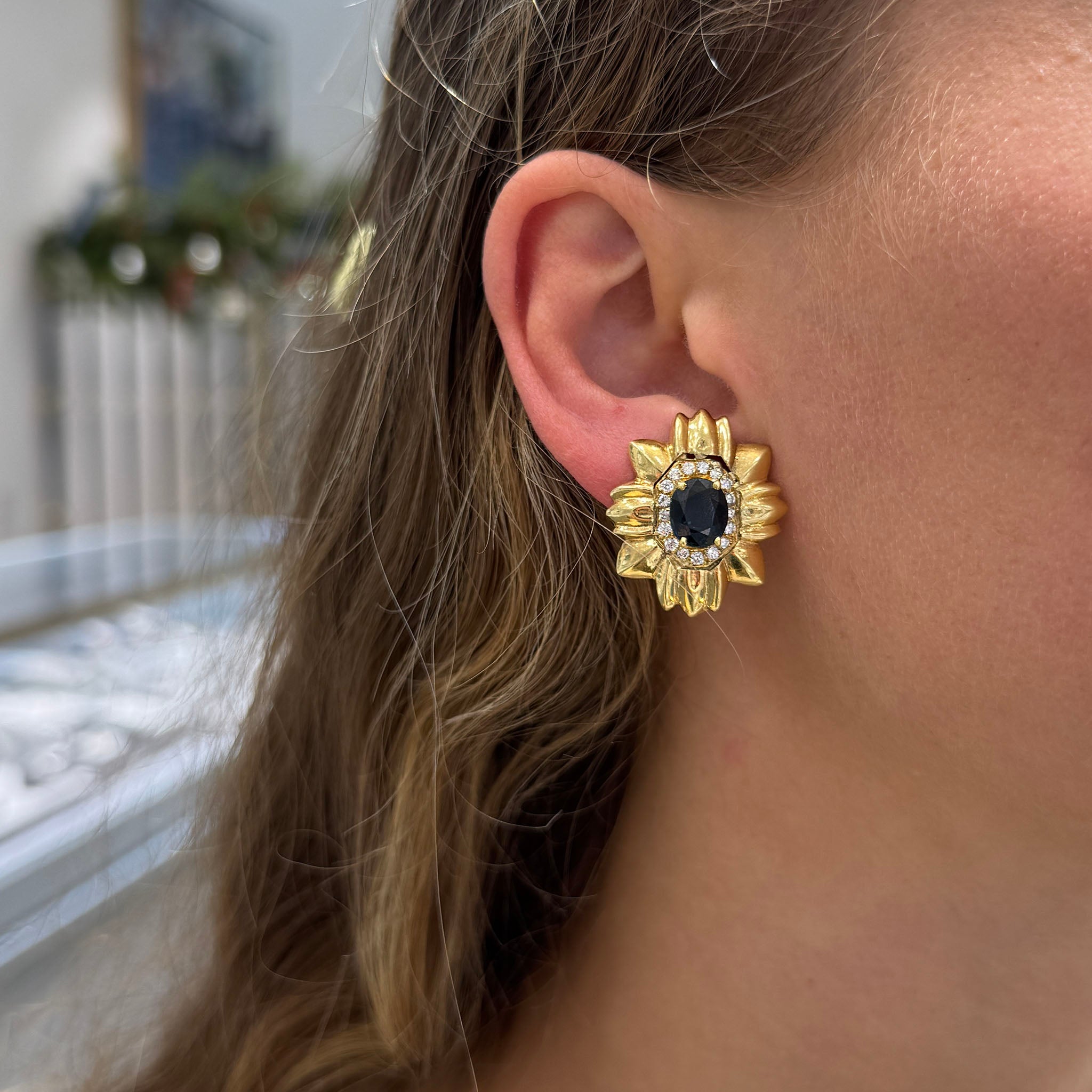 Vintage Sapphire & Diamond 18K Gold Floral Clip Earrings