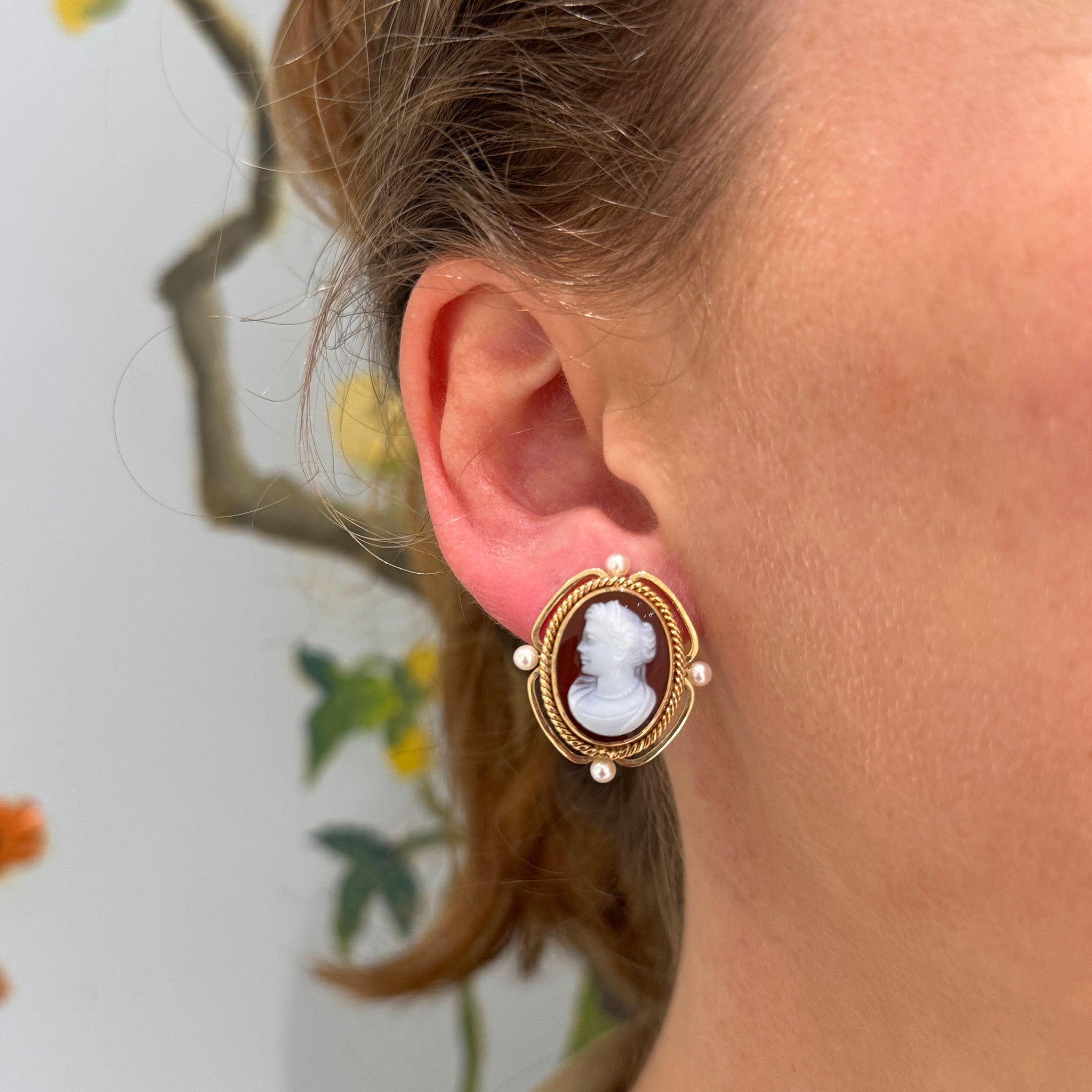 Victorian-Style Cameo & Pearl 14K Gold Screwback Earrings