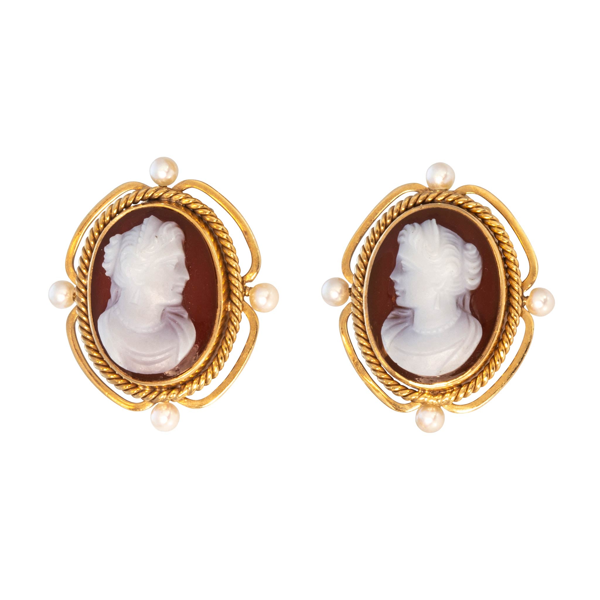 Victorian-Style Cameo & Pearl 14K Gold Screwback Earrings