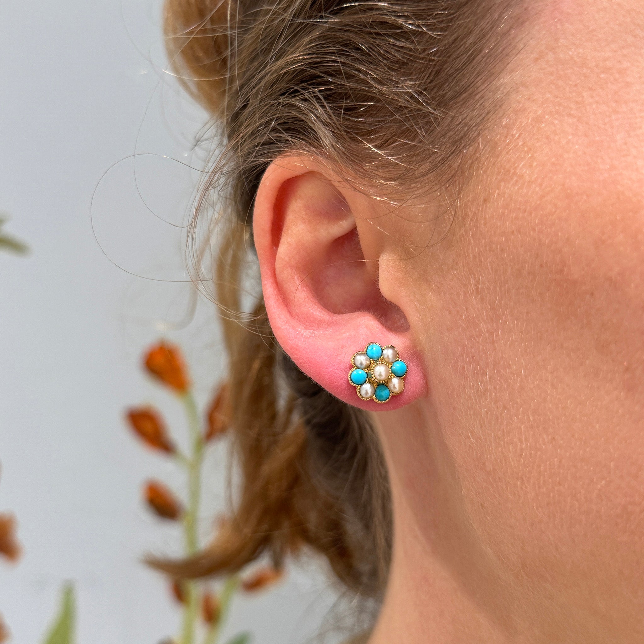 Victorian Pearl & Turquoise Cluster 14K Gold Stud Earrings