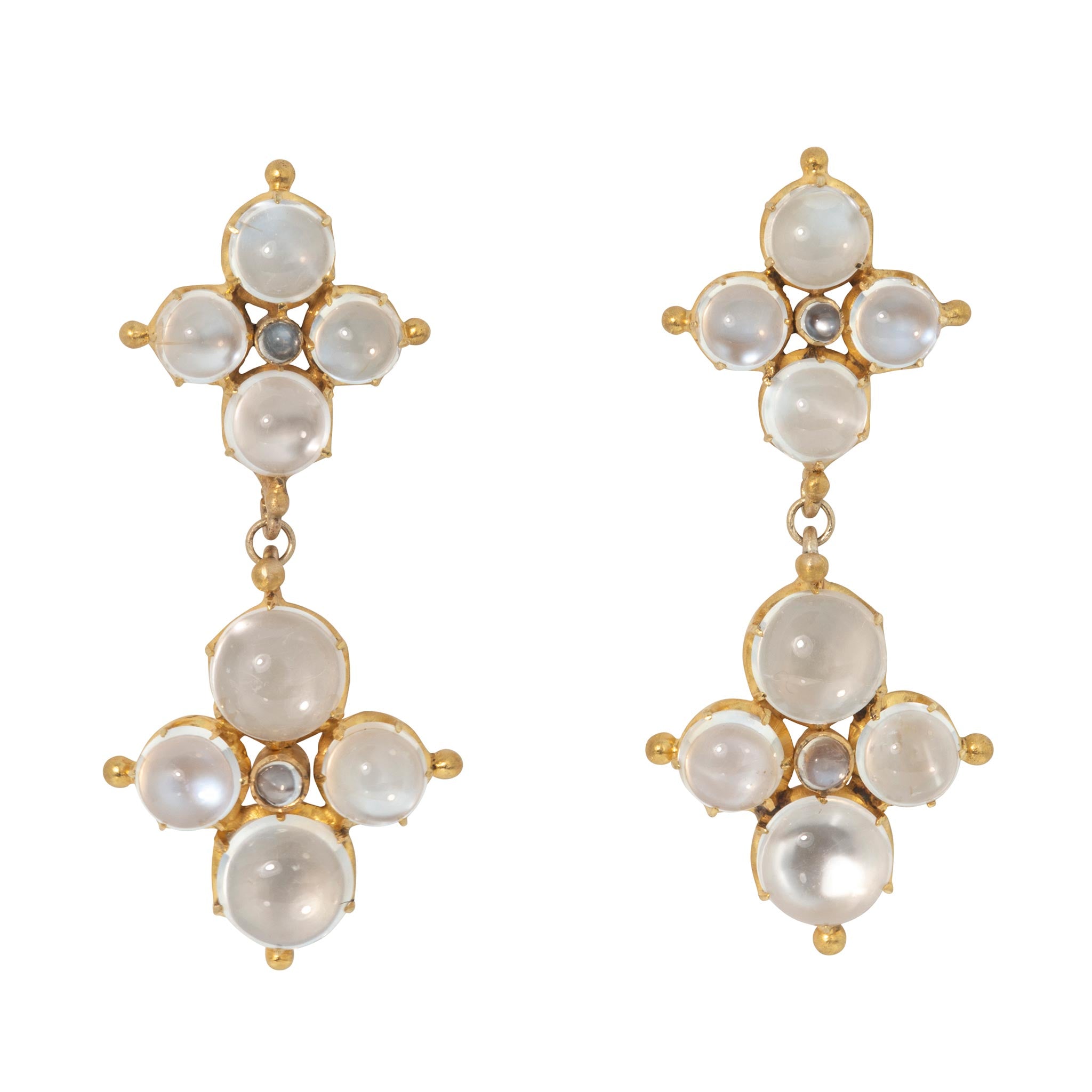 Victorian-Style Blue Sheen Moonstone Double Drop 14K Gold Earrings