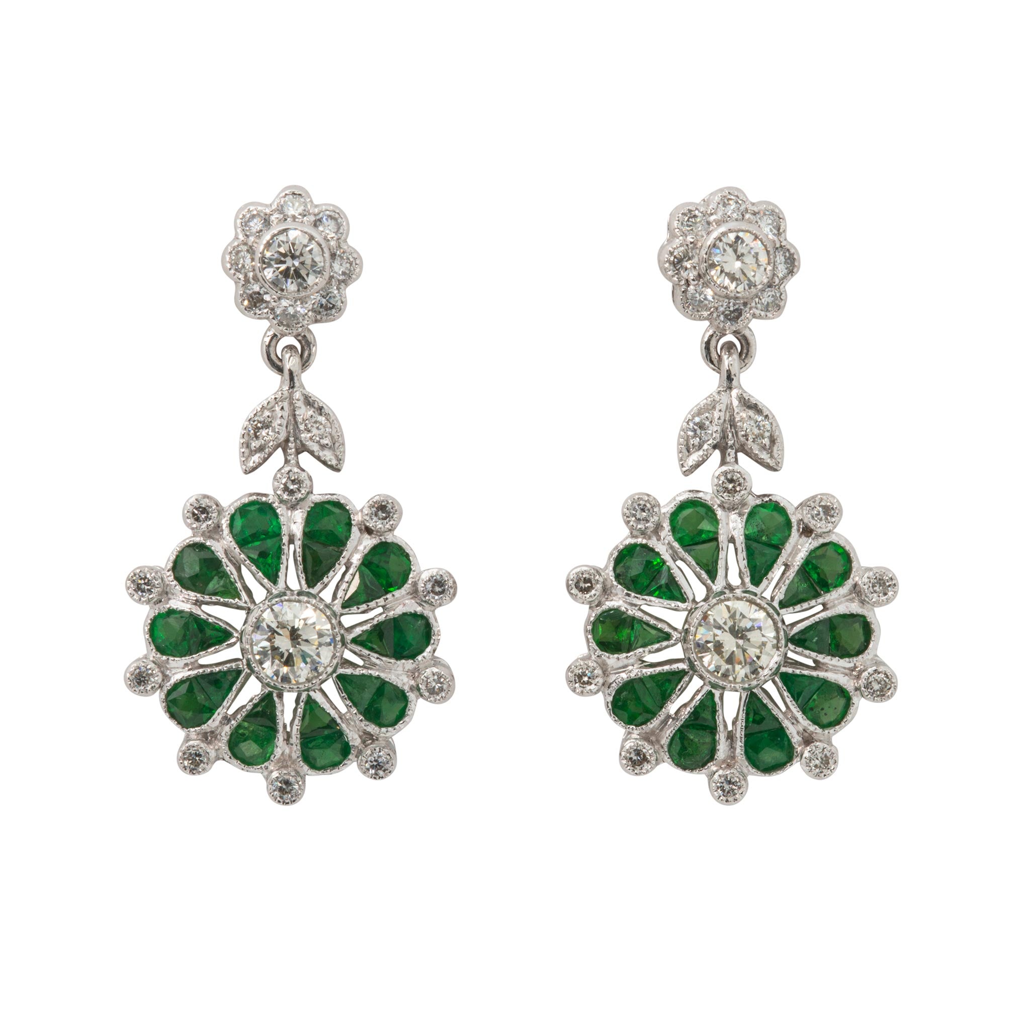 Art Deco Style Tsavorite & Diamond 18K Gold Floral Drop Earrings