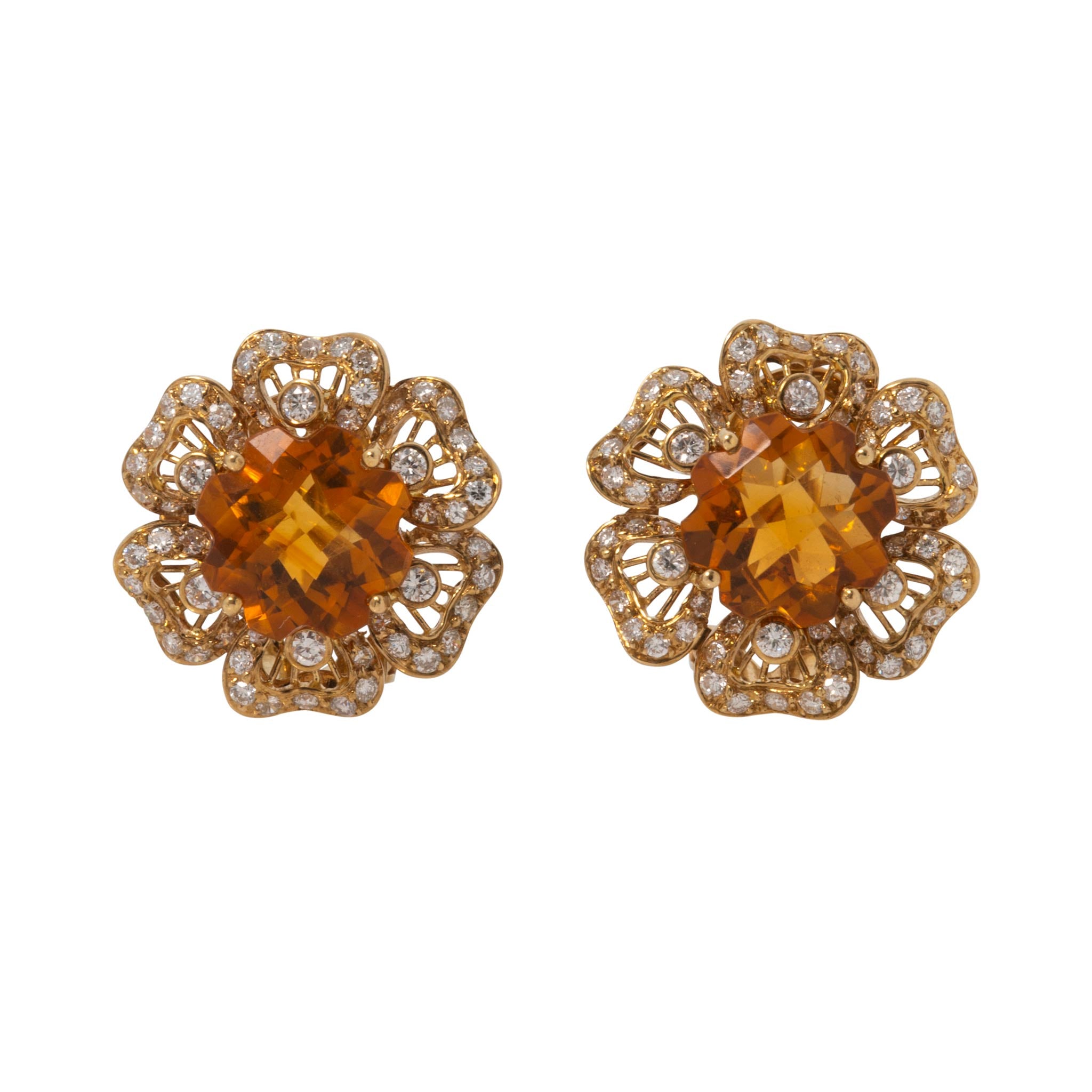 Estate Citrine & Diamond 18K Gold Flower Earrings