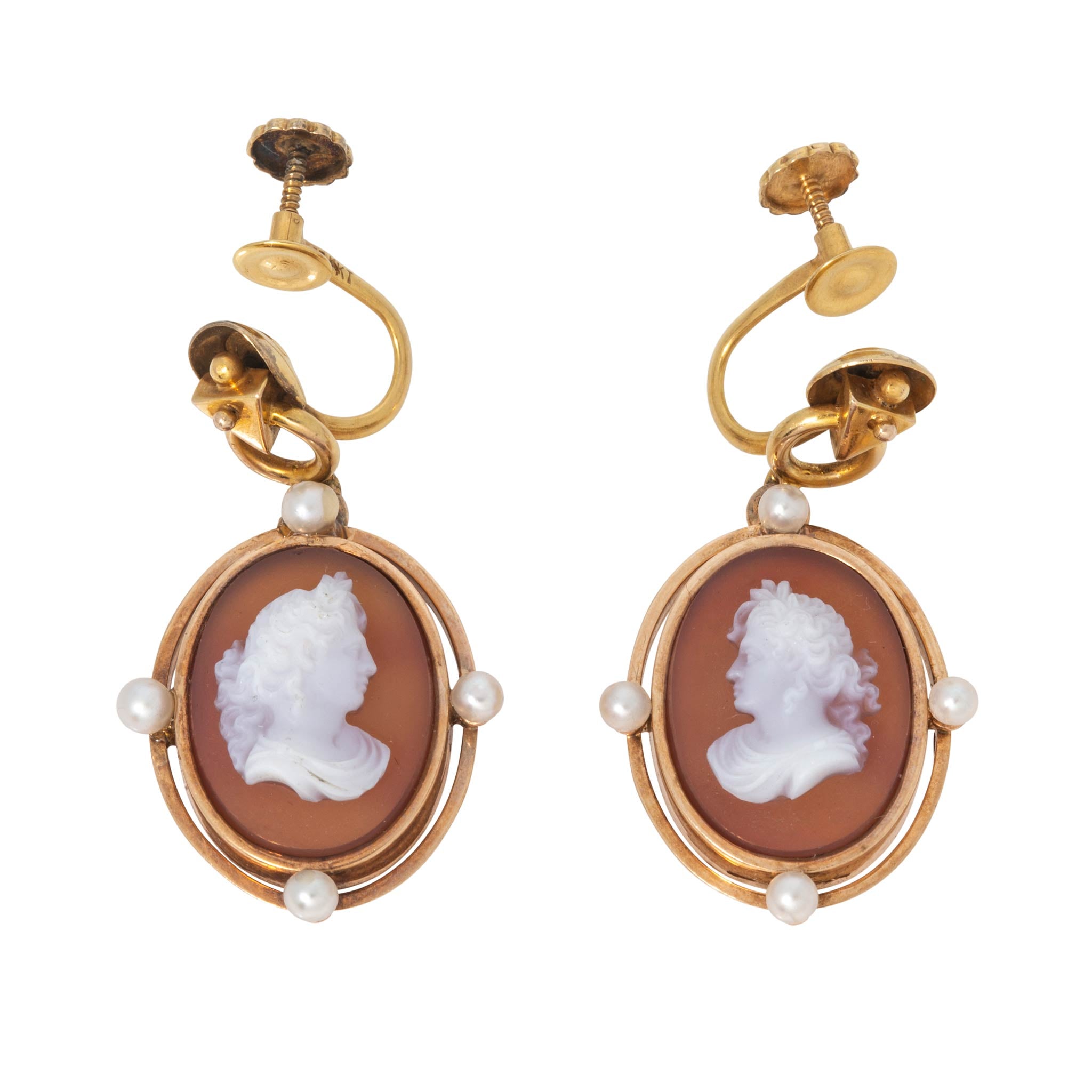 Victorian-Style Cameo & Pearl Drop 14K Gold Screwback Earrings