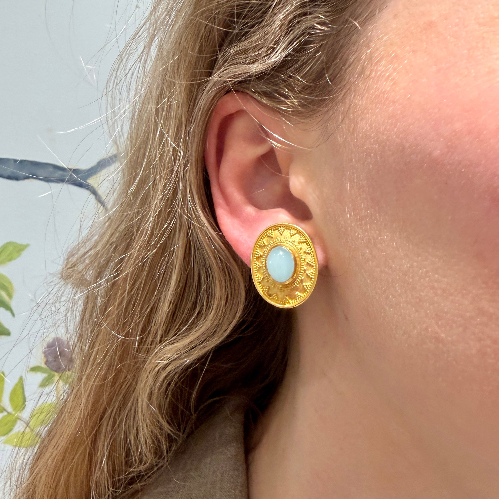 Estate Aquamarine Cabochon 22K & 18K Gold Earrings