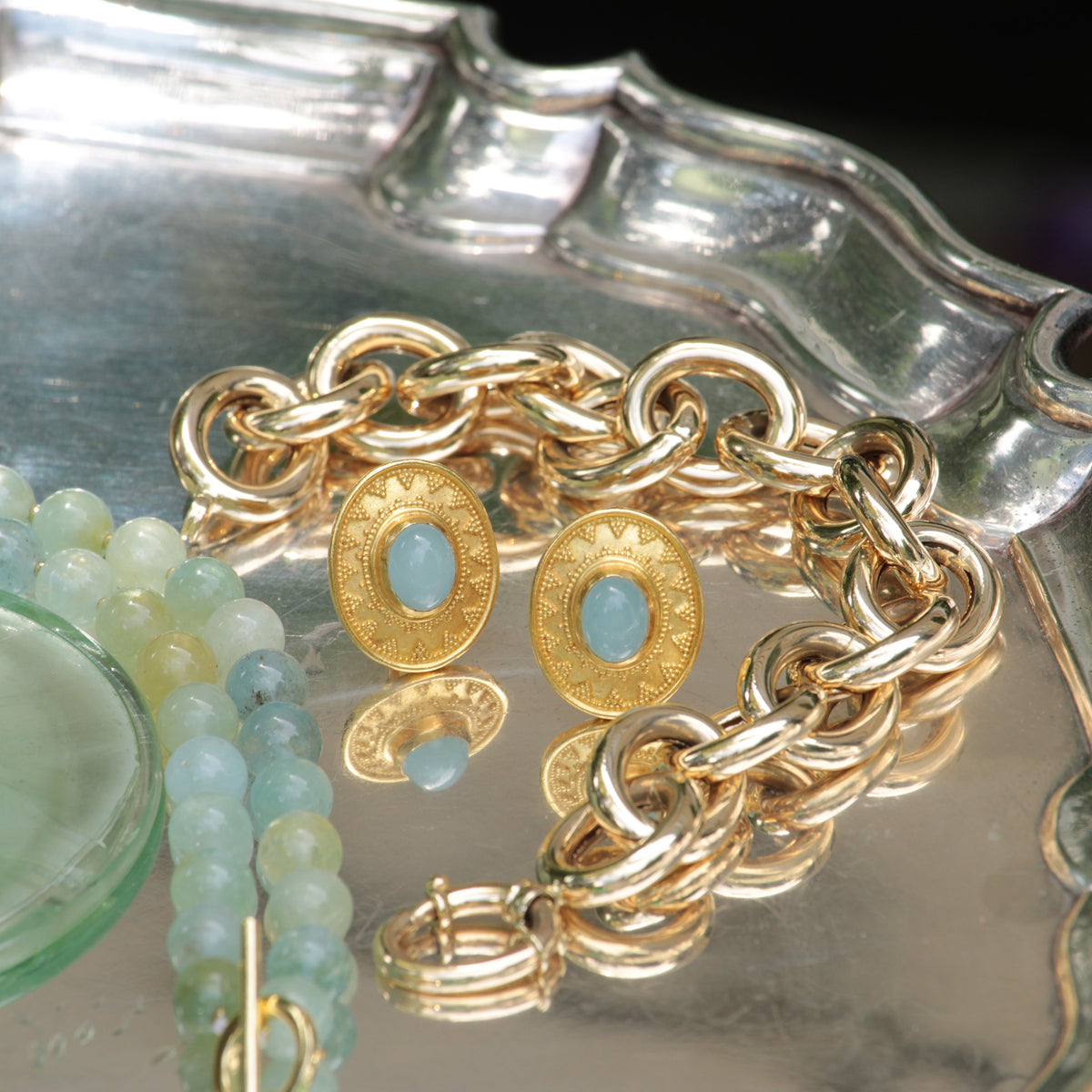 Estate Aquamarine Cabochon 22K & 18K Gold Earrings, 14K Yellow Gold Italian Medium Oval Link Bracelet