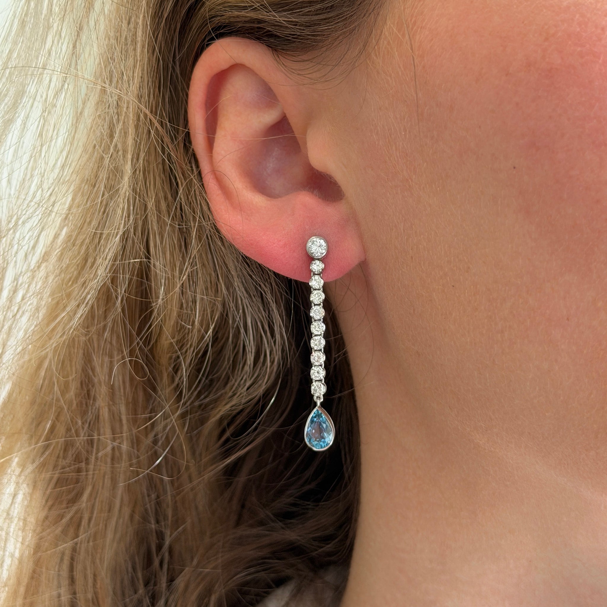 Estate Diamond & Pear-Shaped Aquamarine Platinum Drop Earrings