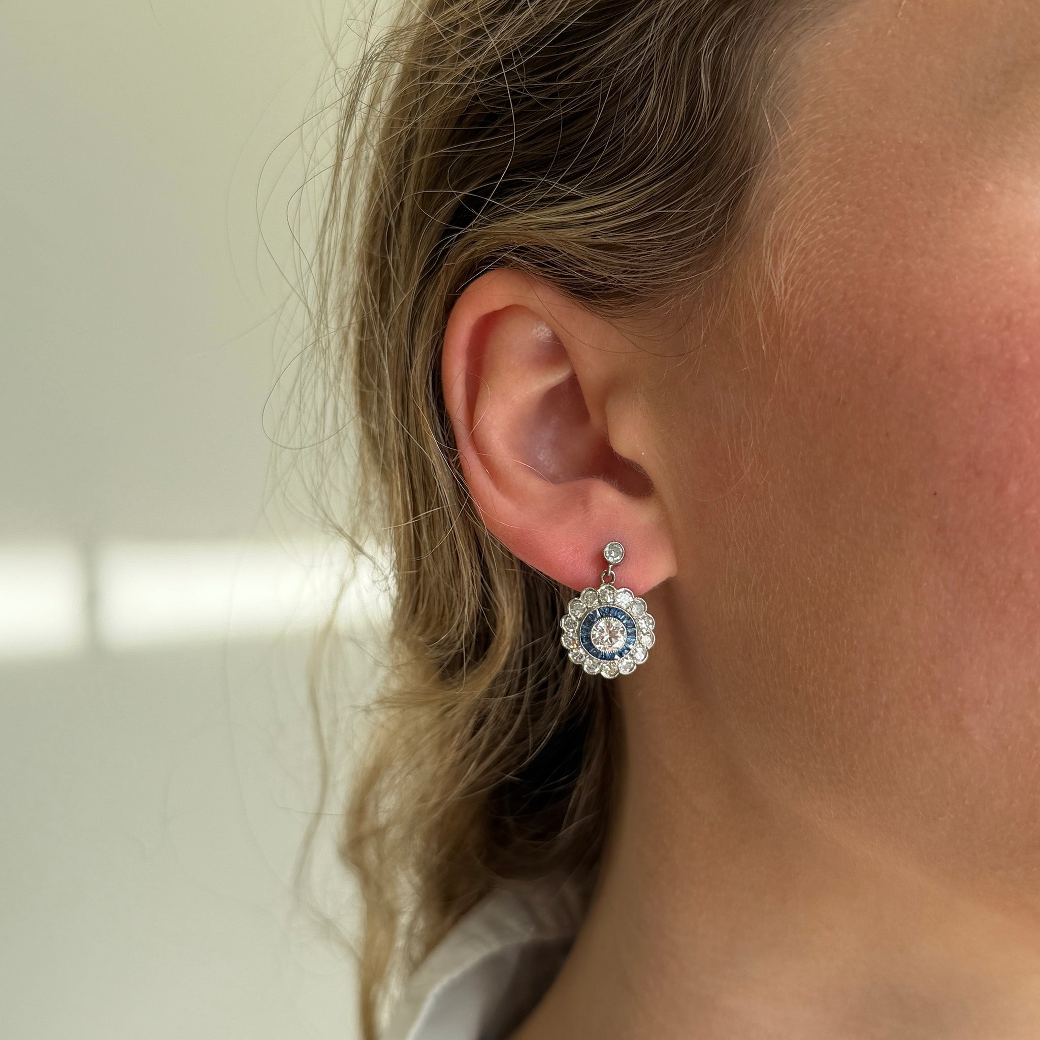 Art Deco Style Diamond & Sapphire Platinum Drop Earrings