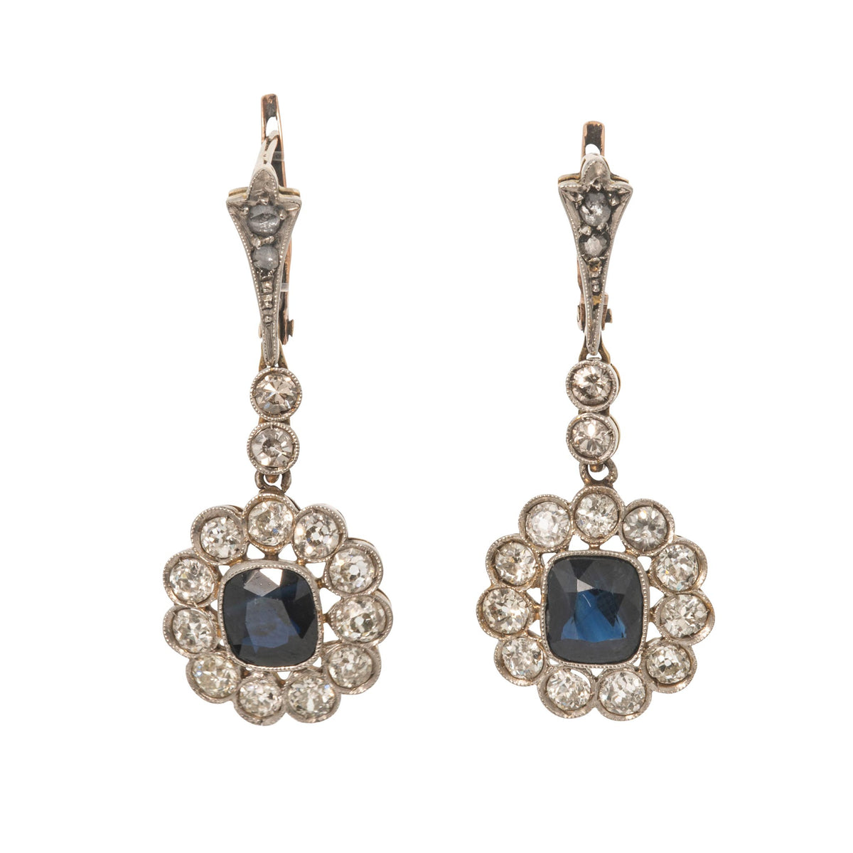 Georgian Style Sapphire & Diamond Platinum 18K Gold Drop Earrings