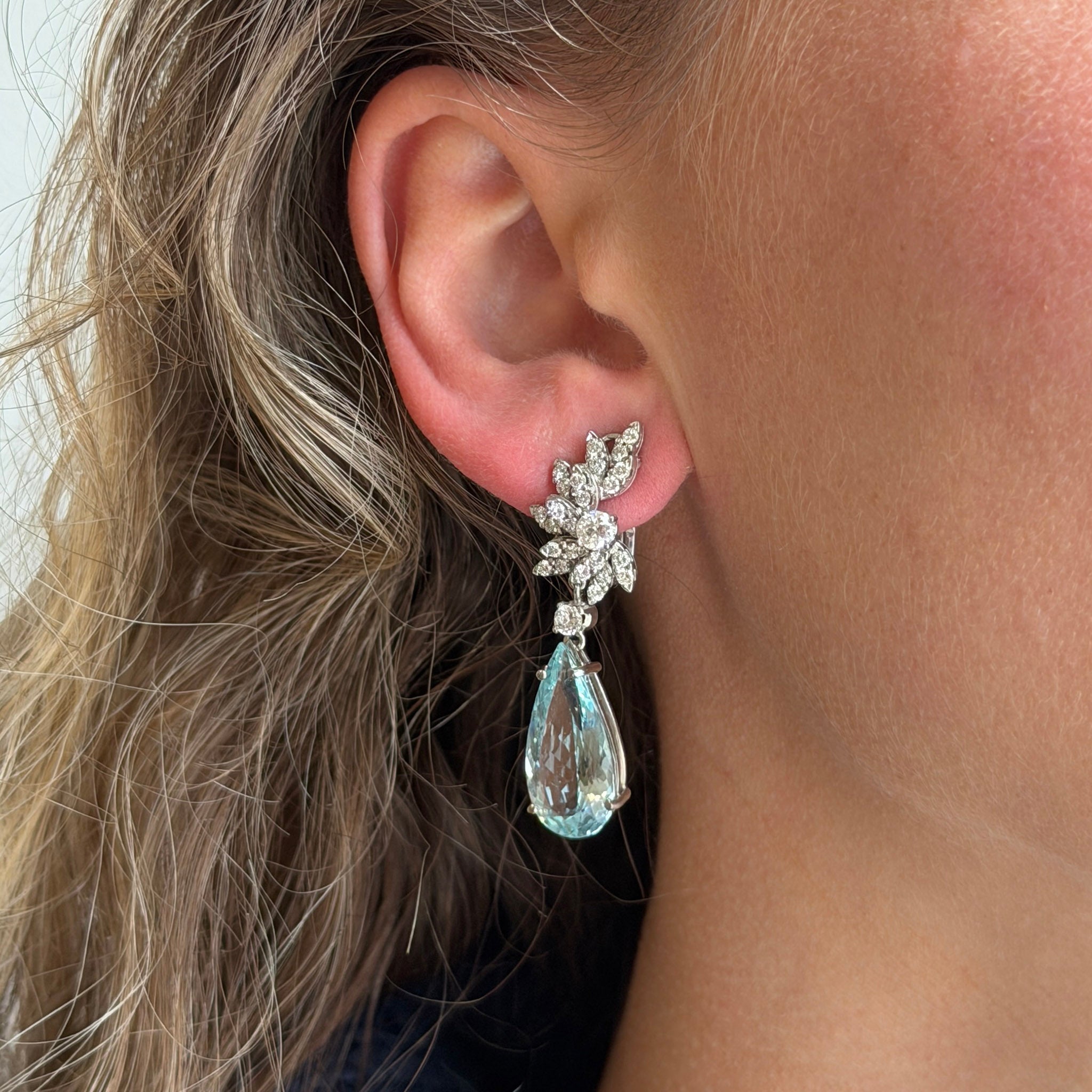 Estate Diamond & Pear-Shaped Aquamarine 18K Gold Drop Earrings
