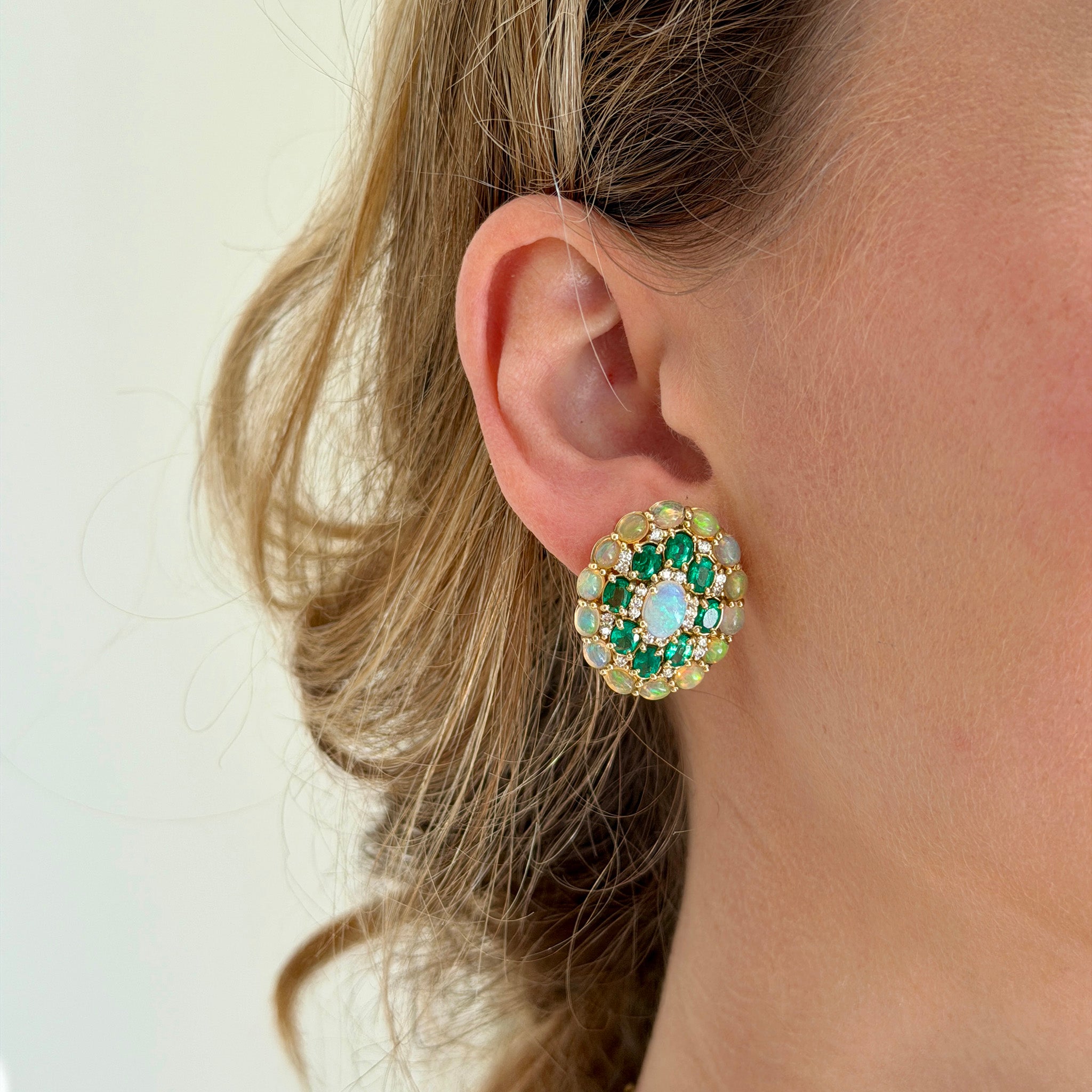 Estate Opal, Emerald & Diamond Cluster 14K Gold Earrings