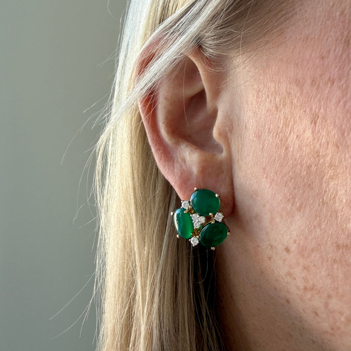 Estate Chrysoprase Cabochon & Diamond 18K Gold Earrings