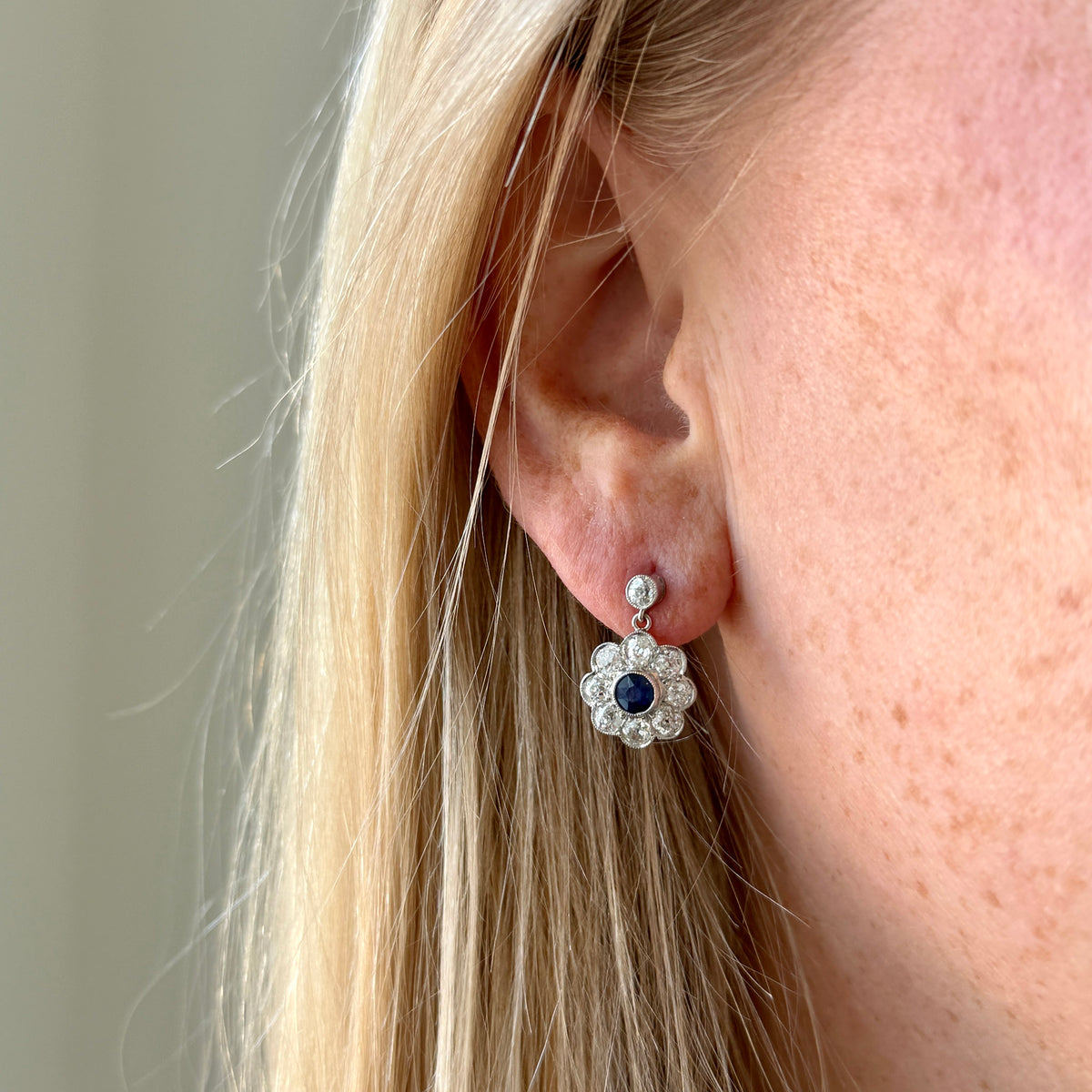 Art Deco Style Diamond & Sapphire Platinum Floral Drop Earrings