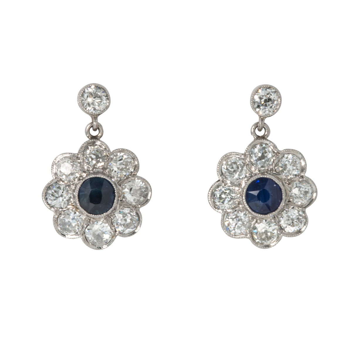Art Deco Style Diamond & Sapphire Platinum Floral Drop Earrings