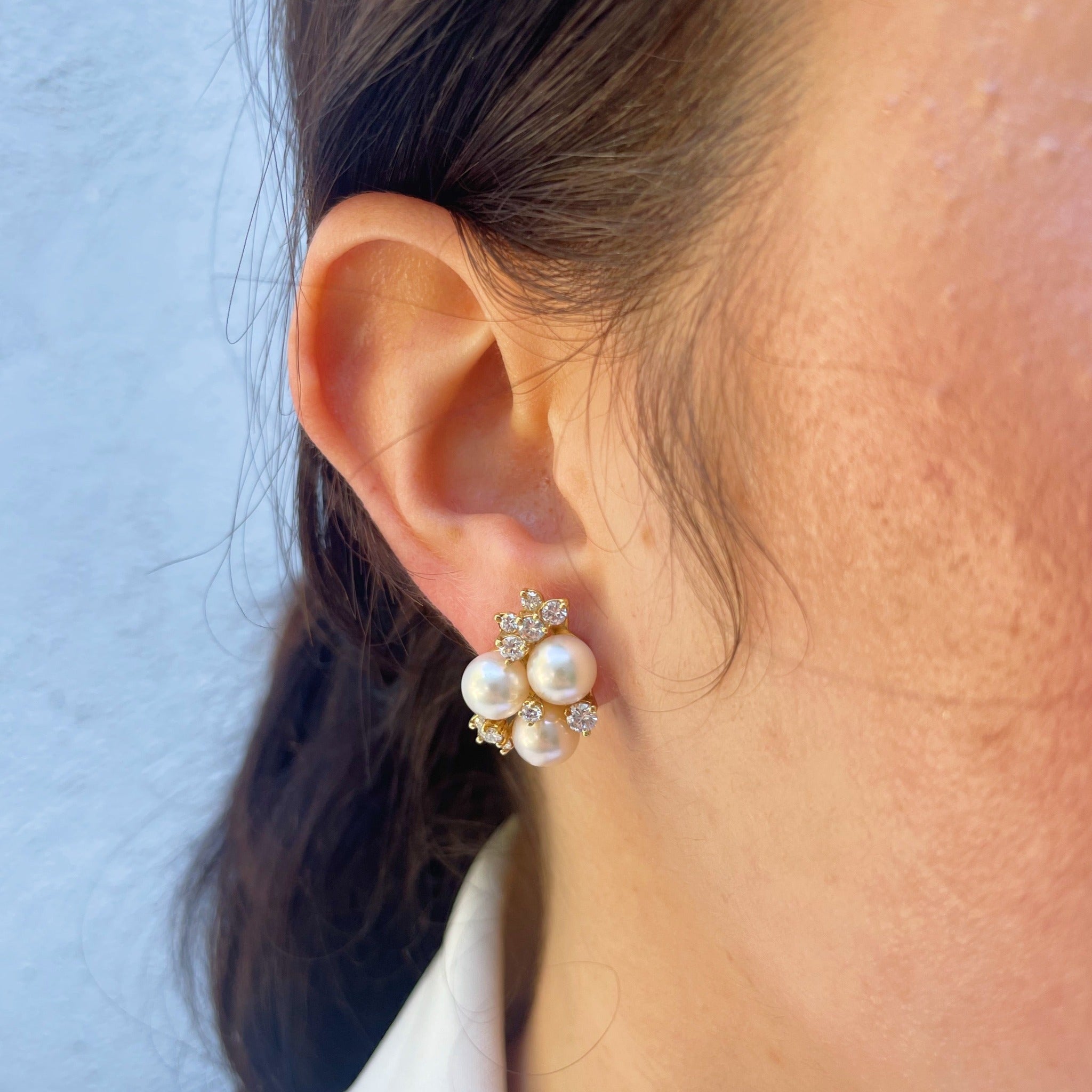 Estate Pearl & Diamond Cluster 18K Gold Earrings