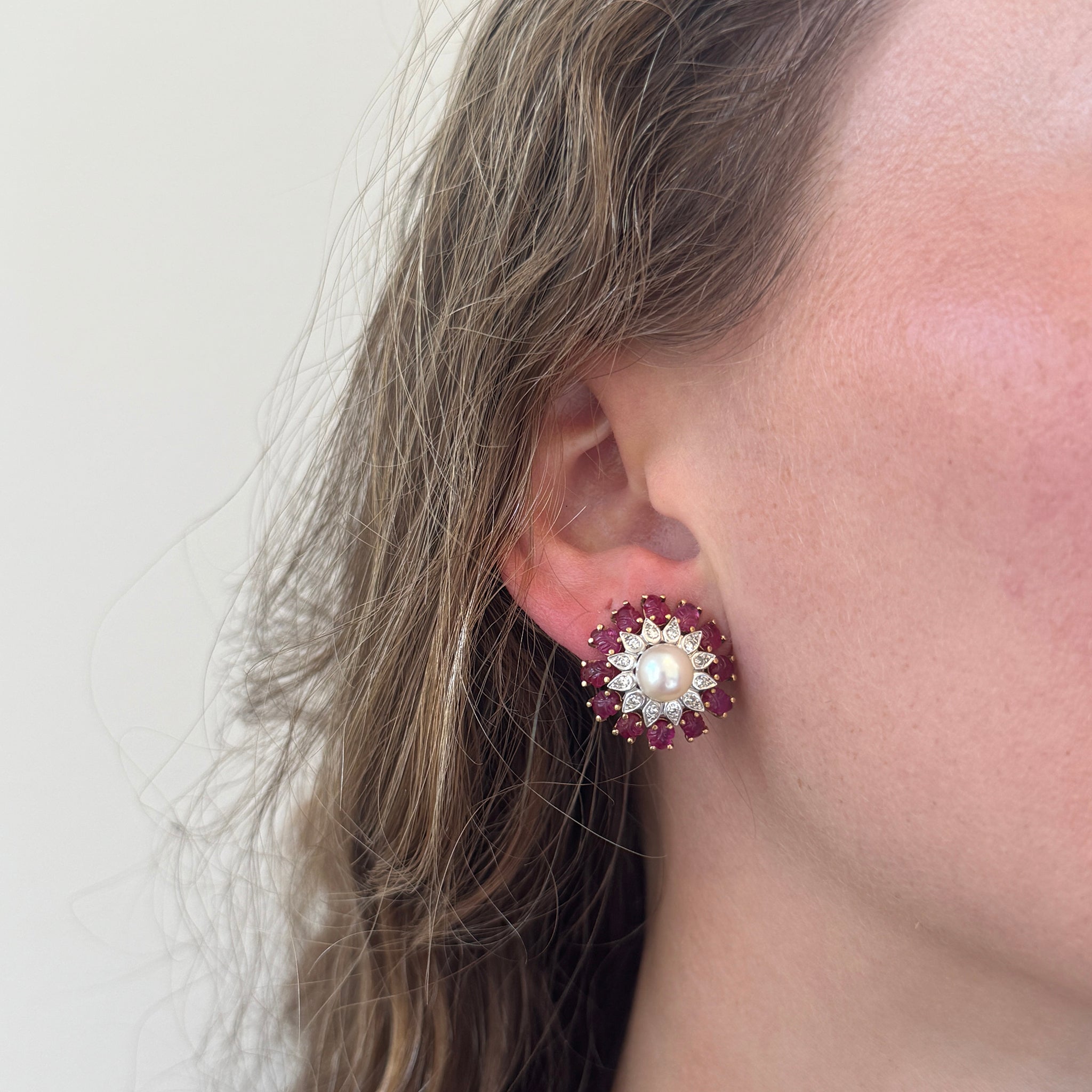 Vintage Pearl, Diamond & Carved Ruby 18K Gold Clip-On Earrings