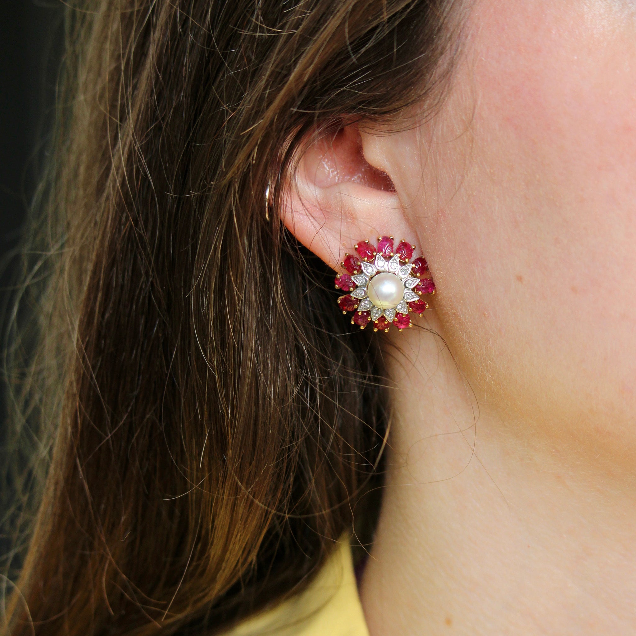 Vintage Pearl, Diamond & Carved Ruby 18K Gold Clip-On Earrings