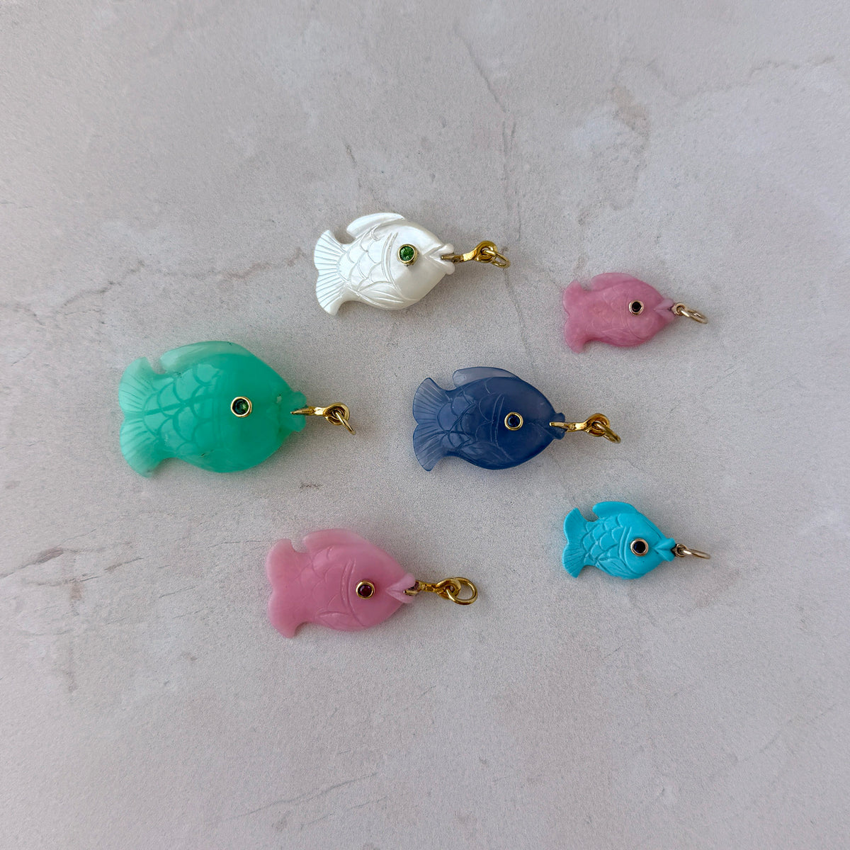 Mazza Green Opal & Peridot 14K Gold Wide Fish Pendant, Mazza Mother of Pearl & Tsavorite 14K Gold Small Wide Fish Pendant, Mazza Pink Opal & Pink Sapphire 14K Gold Guppy Fish Pendant