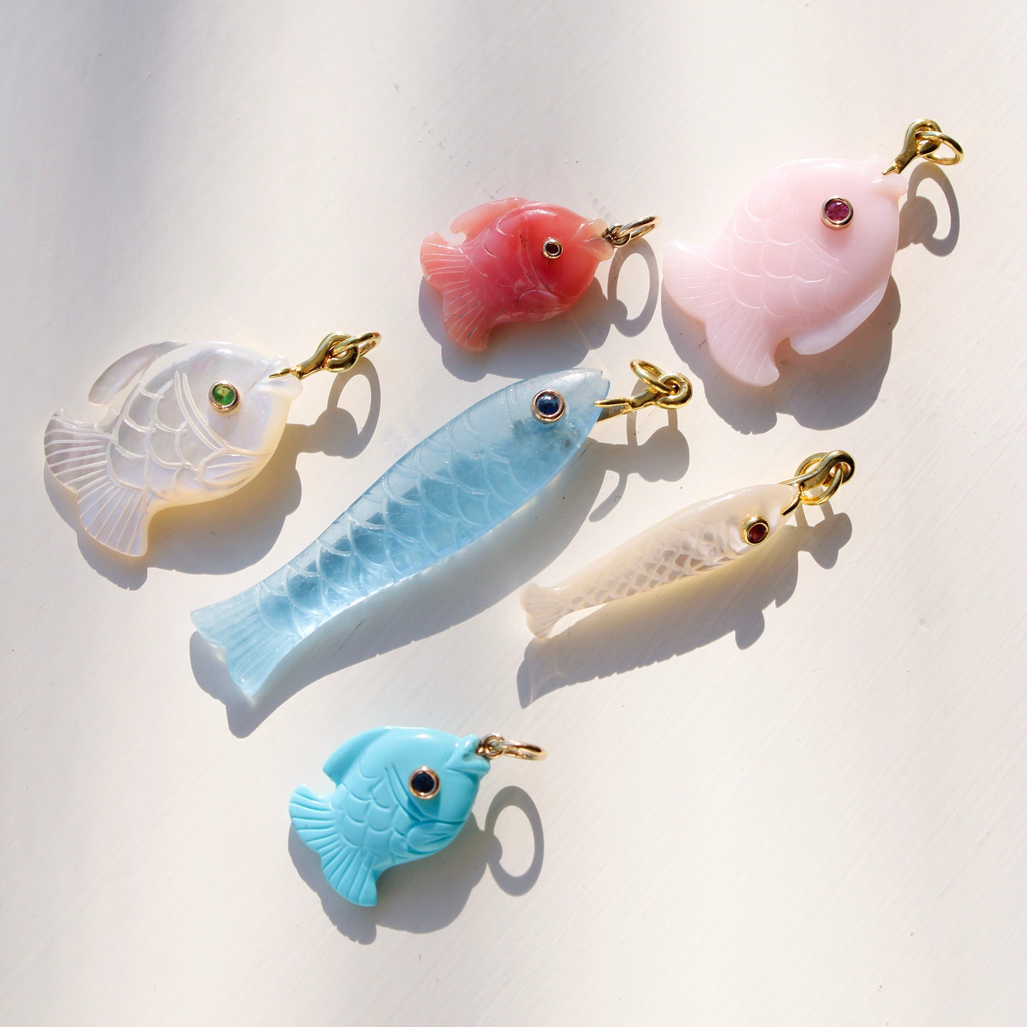 Mazza Mother of Pearl & Tsavorite 14K Gold Small Wide Fish Pendant, Aquamarine & Sapphire 14K Gold Fish Pendant, Turquoise & Sapphire 14K Gold Guppy Fish Pendant