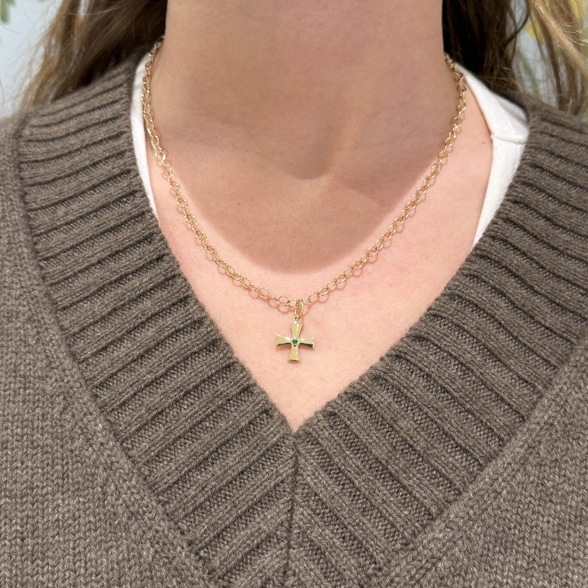 Emerald 14K Yellow Gold Birthstone Cross Pendant, 14K Yellow Gold Oval Link Chain Necklace 18"