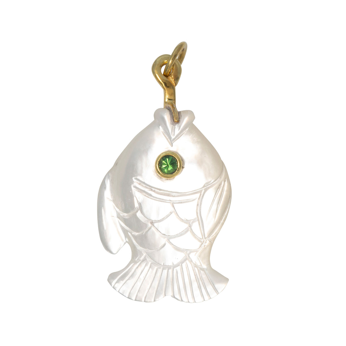 Mazza Mother of Pearl & Tsavorite 14K Gold Small Wide Fish Pendant