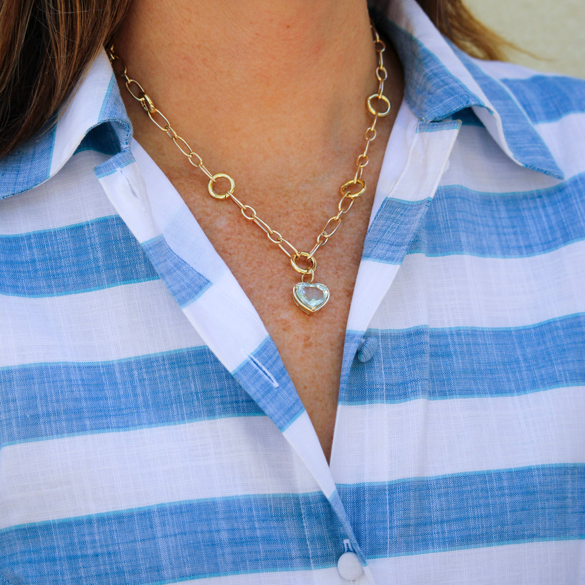 Aquamarine Heart 14K Gold River Pendant, Five-Station Charm Holder Mixed Oval Link Necklace