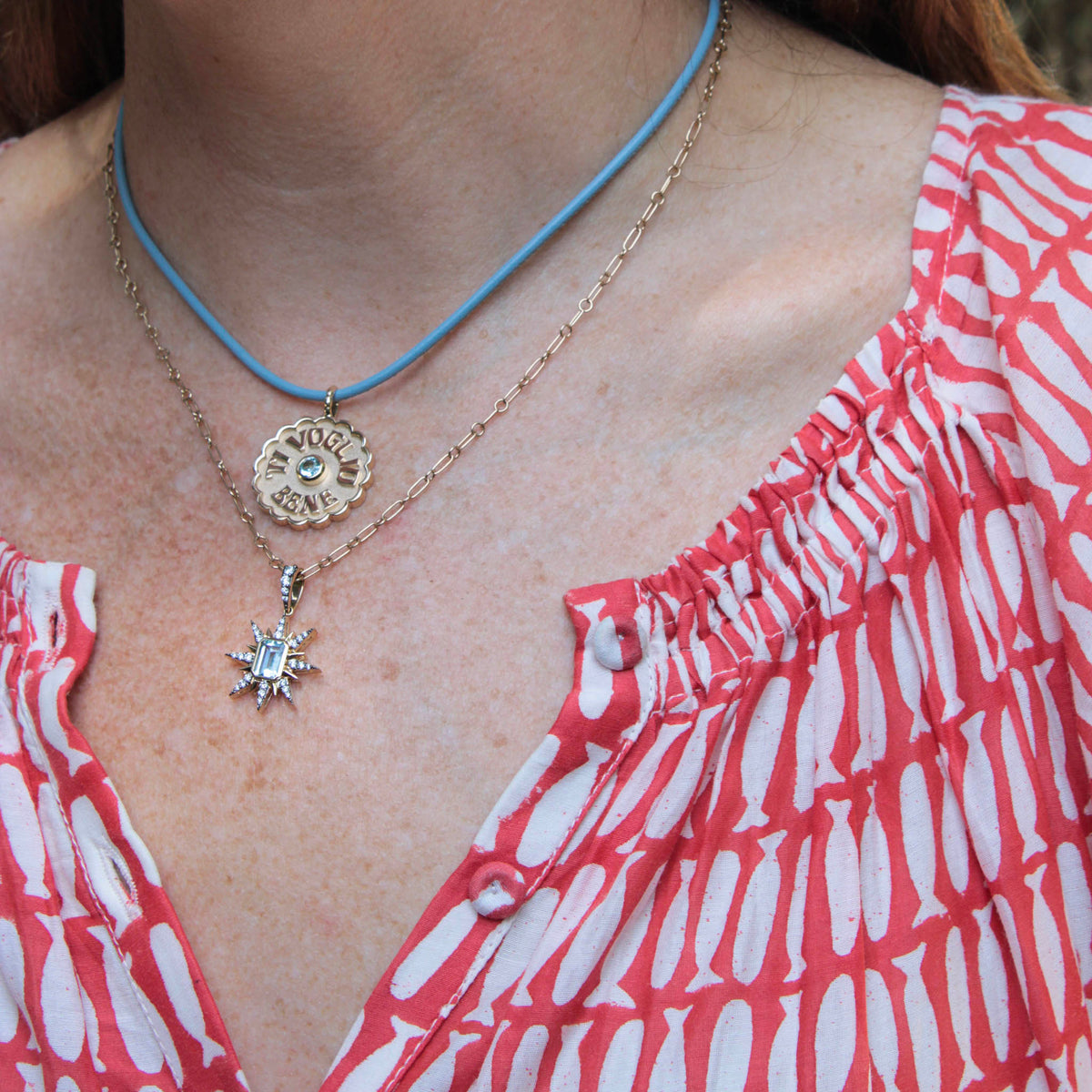 Marlo Laz Large Ti Voglio Bene Charm Aquamarine, Marlo Laz Blue Leather Cord 15", Marlo Laz Aquamarine Starburst Charm