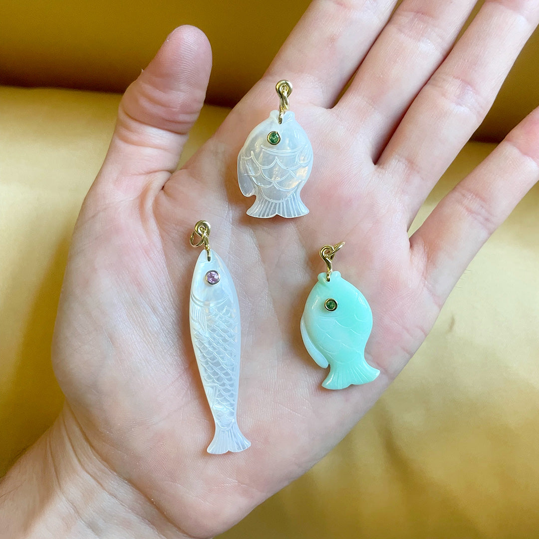 Mazza Mother of Pearl & Tsavorite 14K Gold Fish Pendant