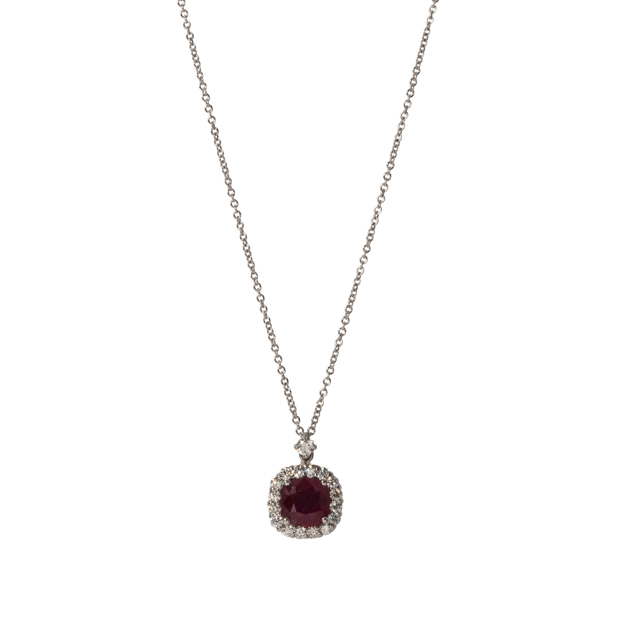 Cushion Ruby & Diamond Halo 18K White Gold Pendant Necklace