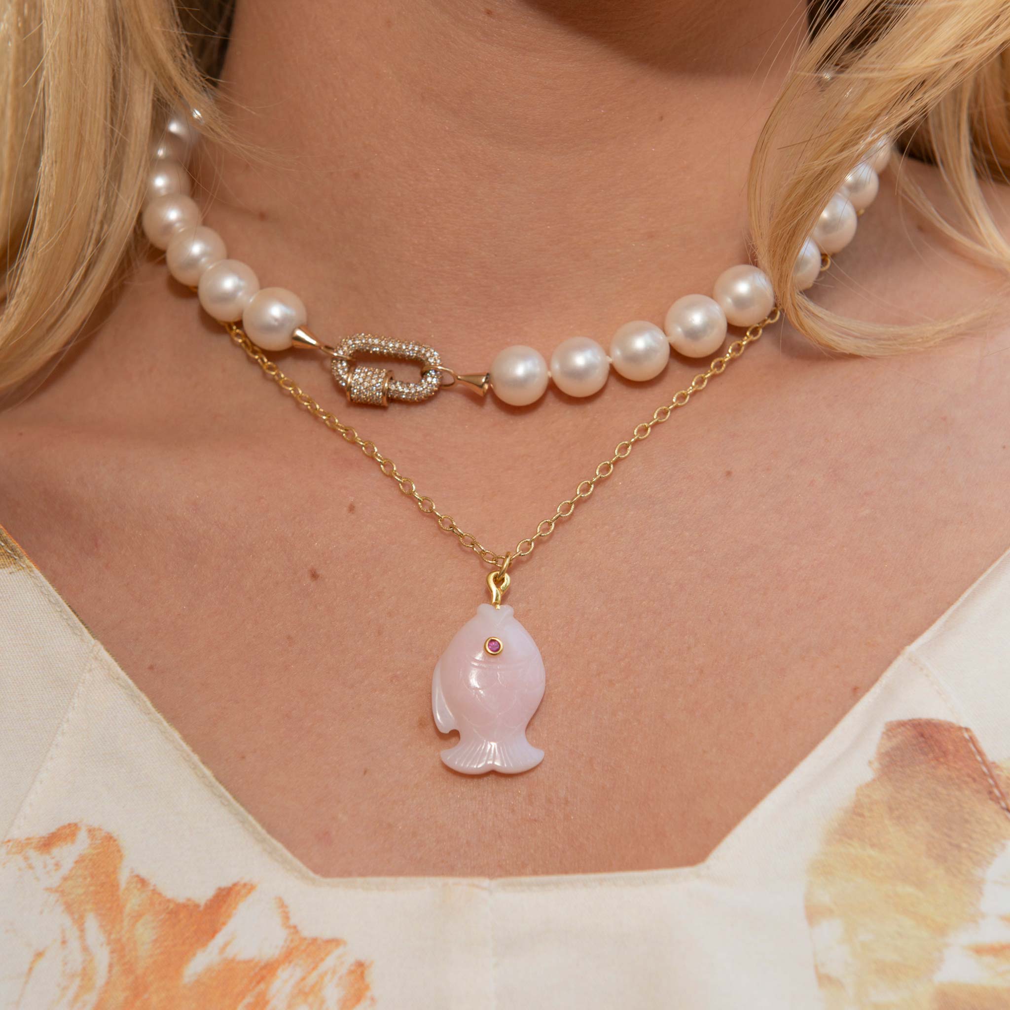 Mazza Pink Opal & Pink Sapphire 14K Gold Fish Pendant, 14K Yellow Gold Hammered Link Chain Necklace
