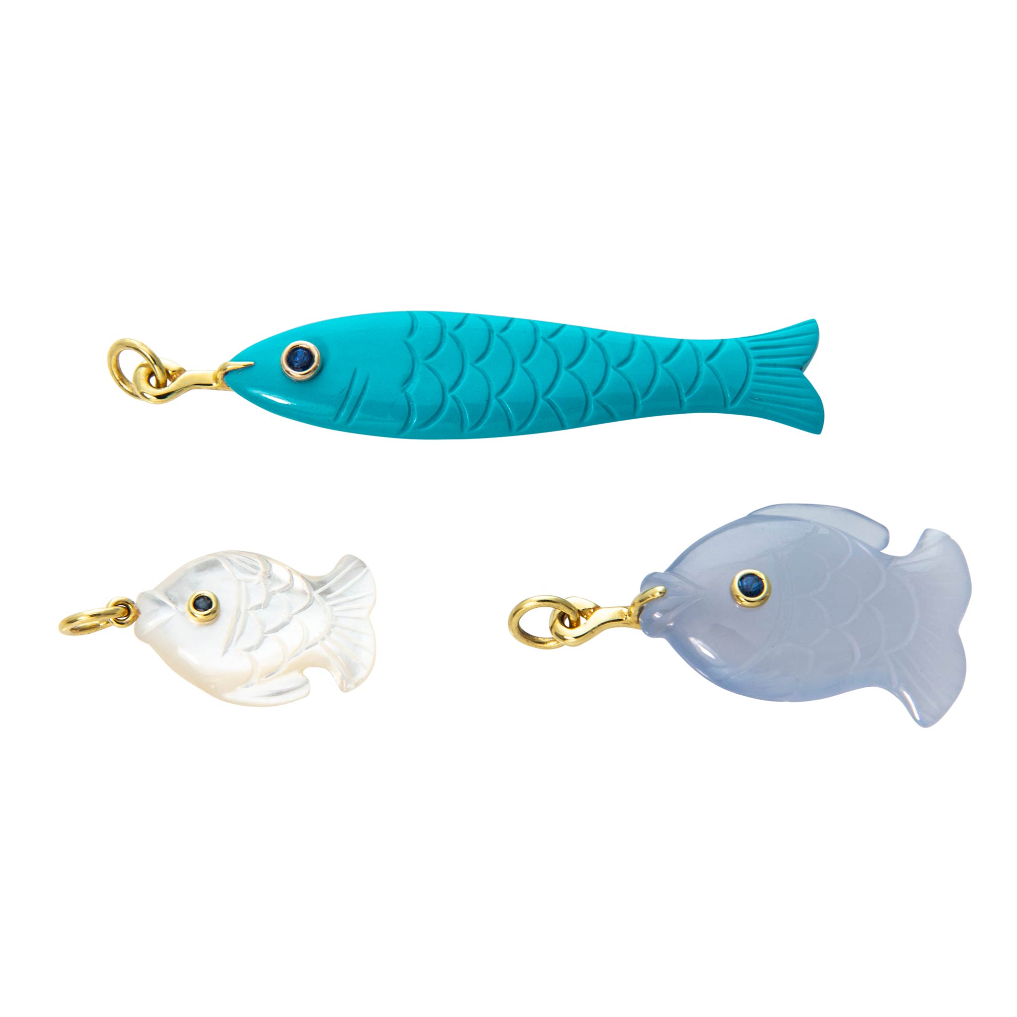 Mazza Turquoise, Pearl, Chalcedony Fish Pendants swimming
